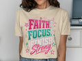 Faith Focus Finish Strong t-shirt with stars and decorative elements.