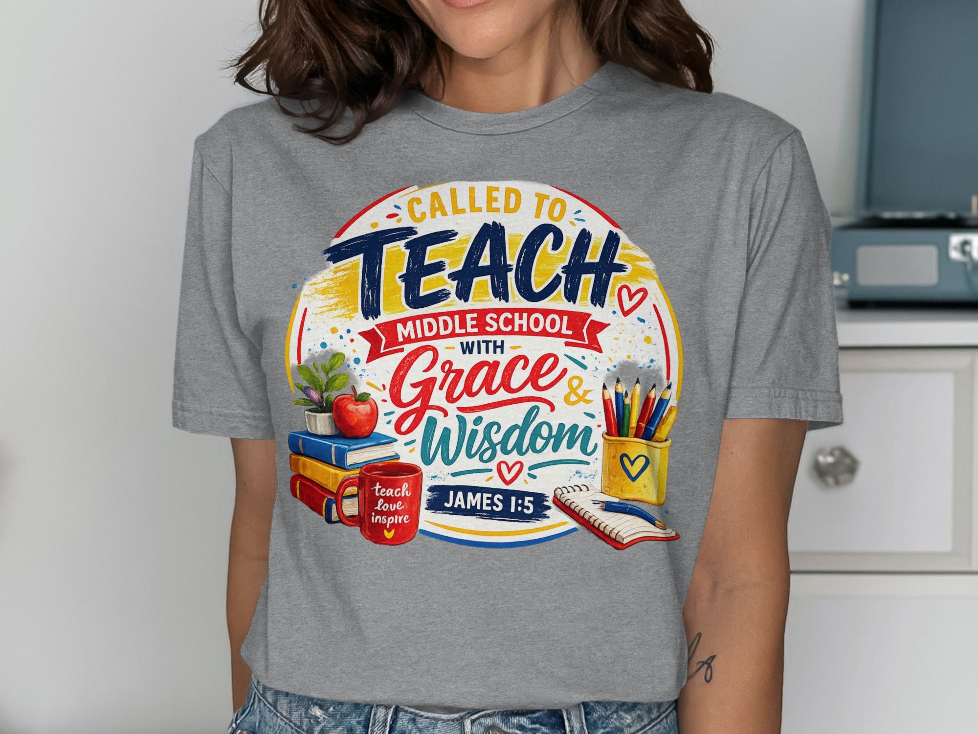 T-shirt with "Called to Teach Middle School with Grace & Wisdom" text.