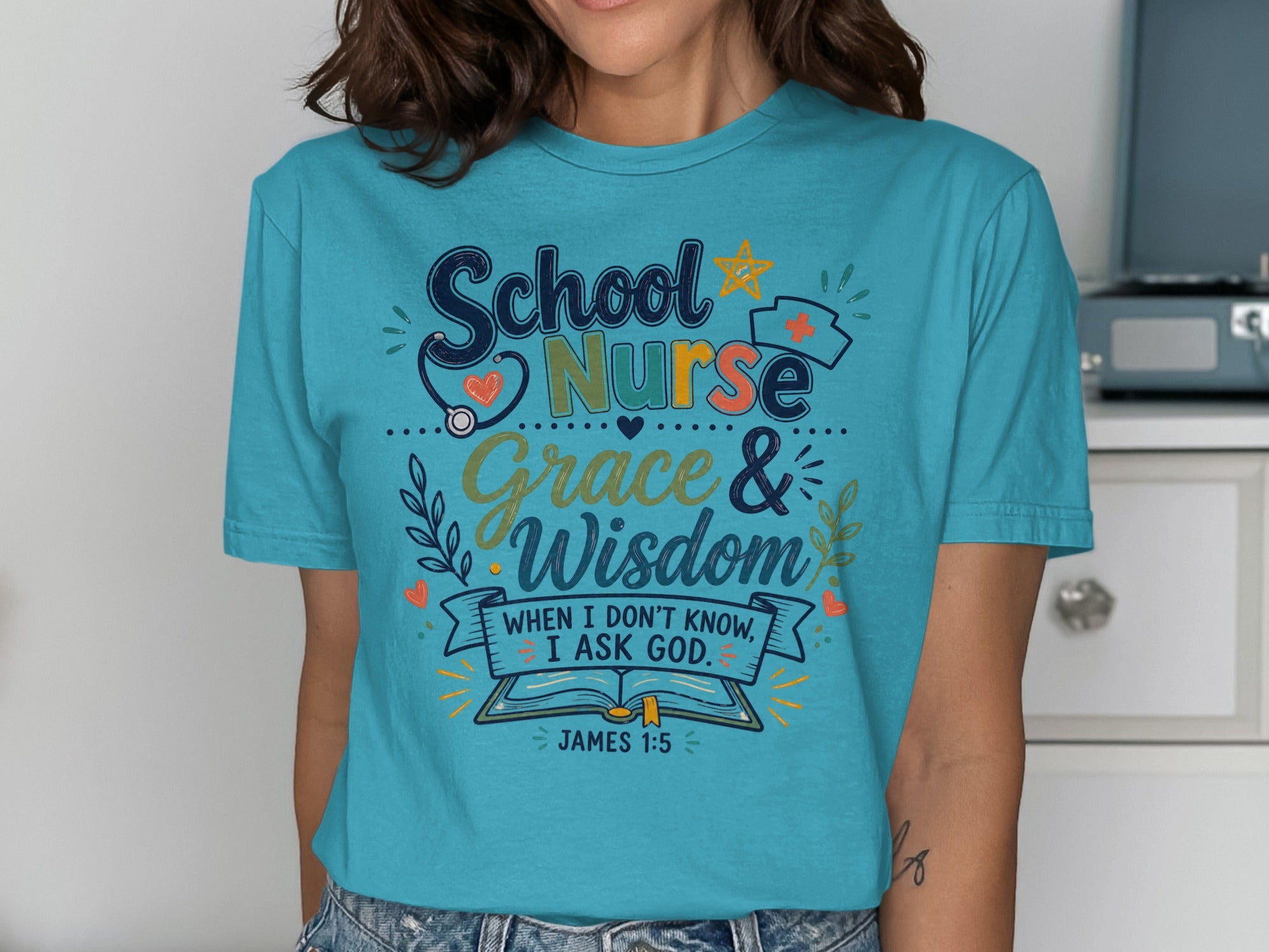 School Nurse t-shirt with "Grace & Wisdom" and James 1:5 quote.