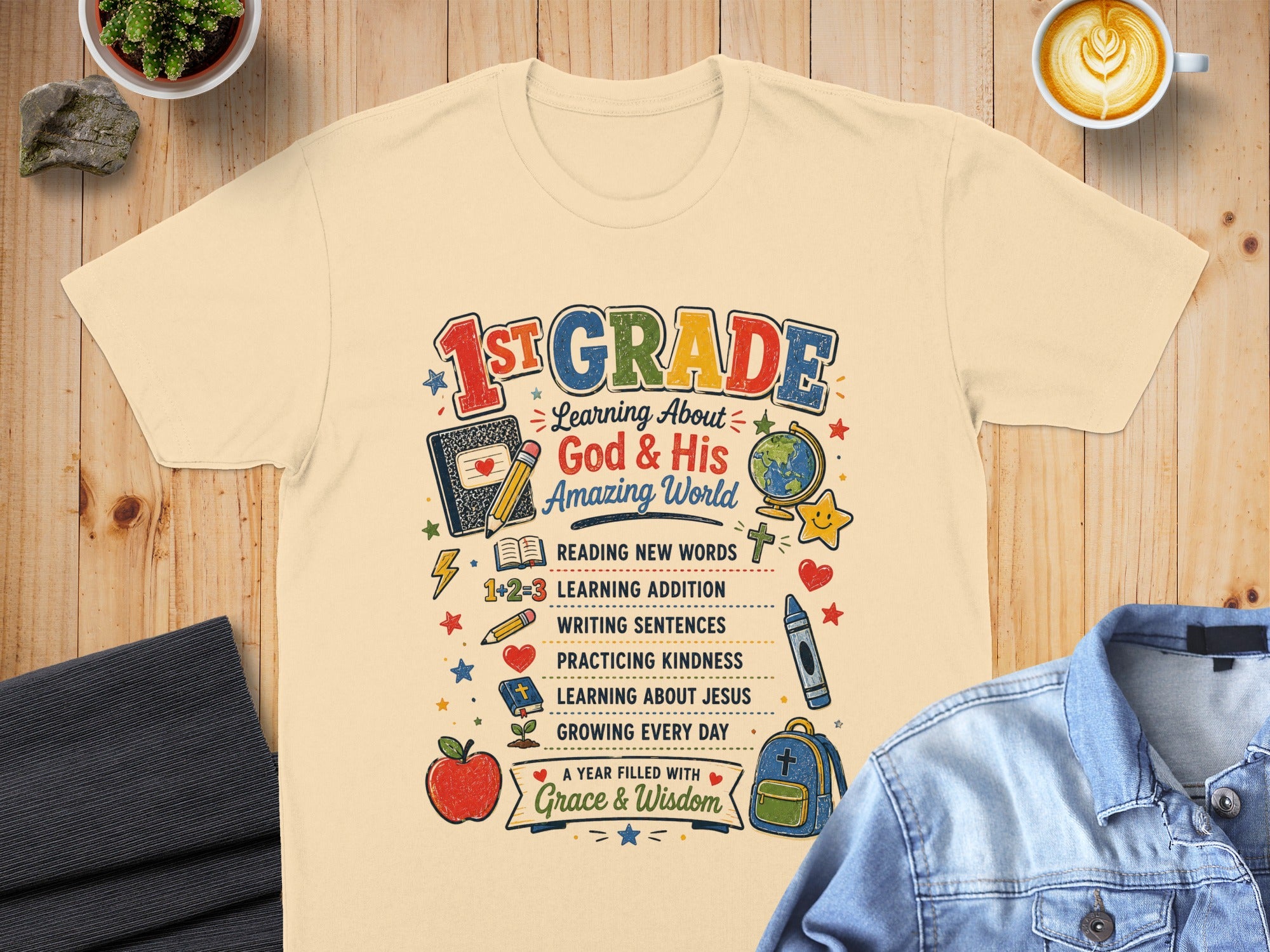"1st Grade: Learning About God & His Amazing World" t-shirt with colorful graphics and text.