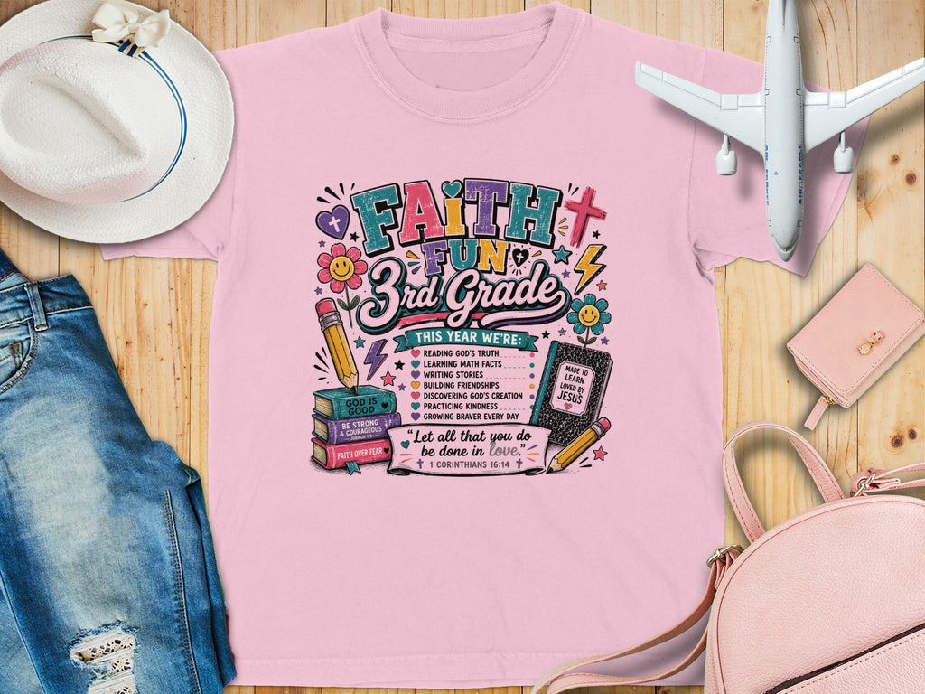 Pink t-shirt with "Faith, Fun, 3rd Grade" graphic and inspirational Bible verses.