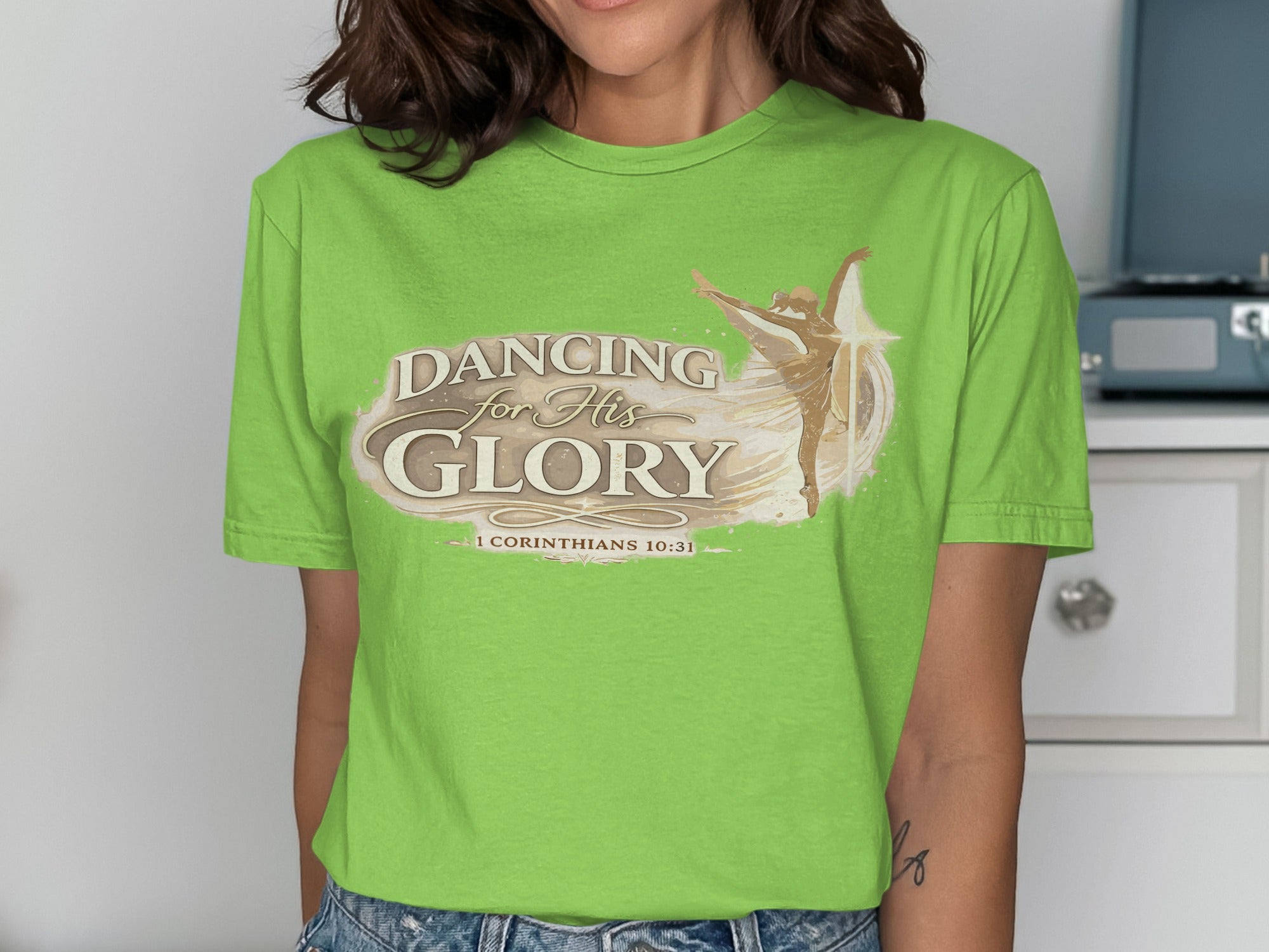 Green t-shirt with "Dancing for His Glory" and dancer silhouette.