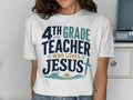 4th Grade Teacher Who Loves Jesus t-shirt with waves, sun, and cross design.