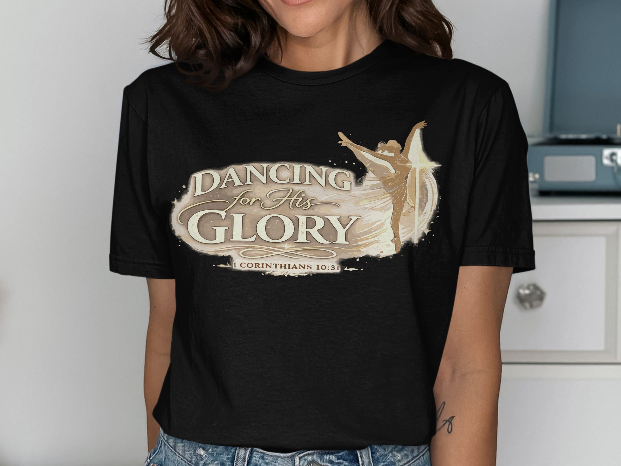 Black t-shirt with "Dancing For His Glory" and a dancer silhouette.