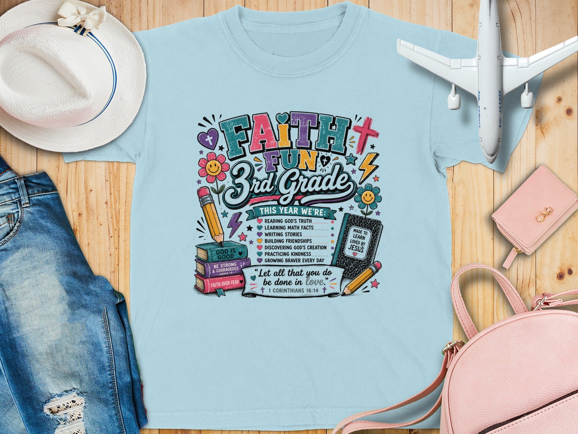 Faith Fun 3rd Grade t-shirt with Bible verses and learning activities.