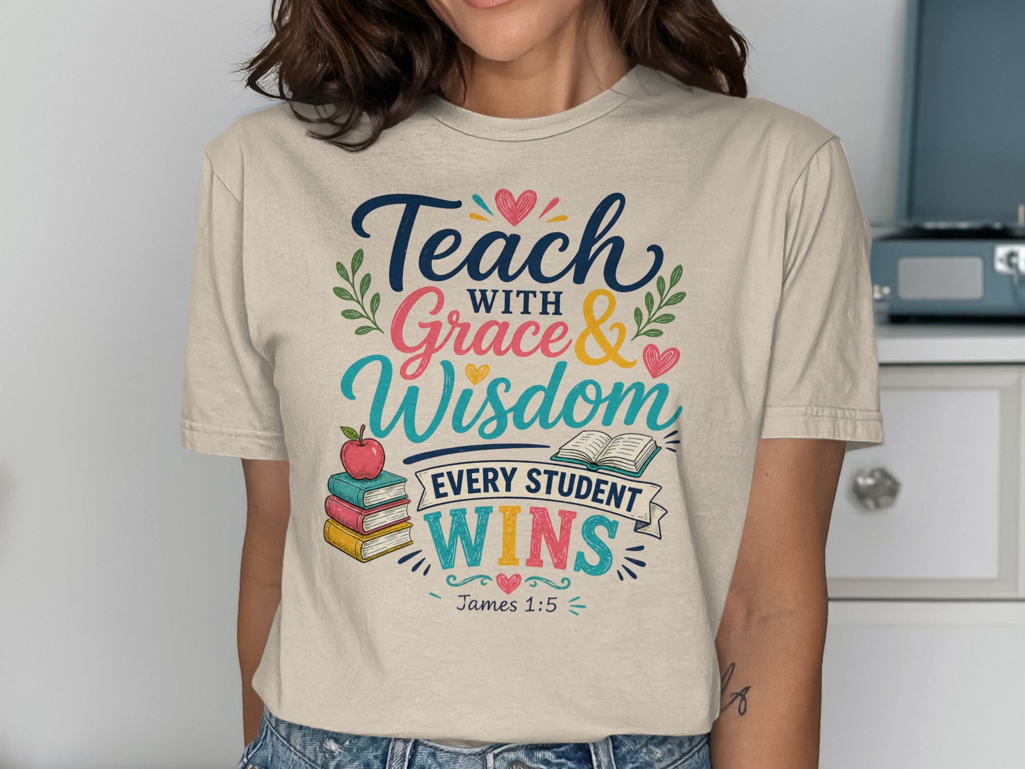 T-shirt with "Teach with Grace & Wisdom" and Bible verse James 1:5.