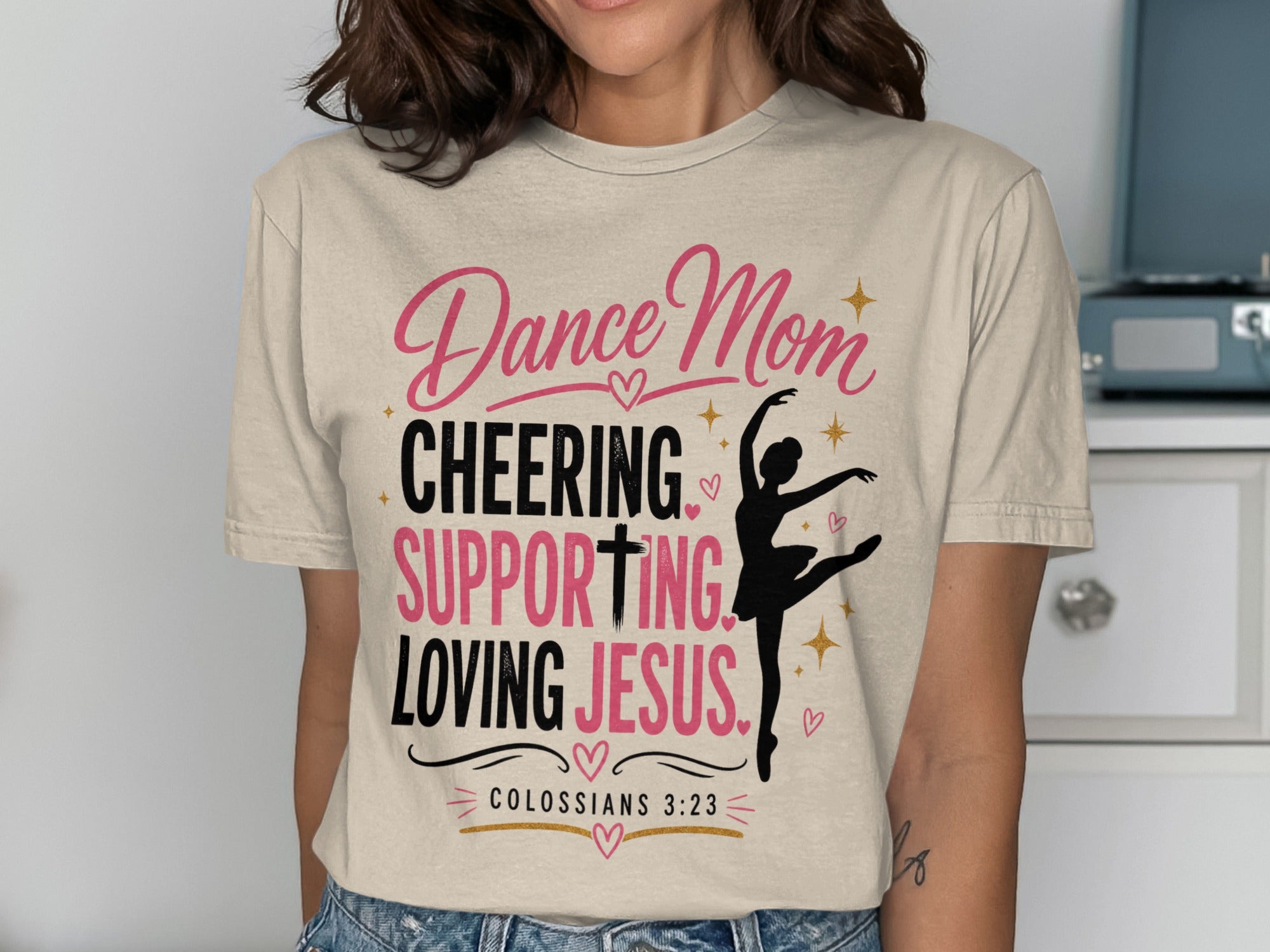 T-shirt with "Dance Mom Cheering Supporting Loving Jesus" and a ballerina.