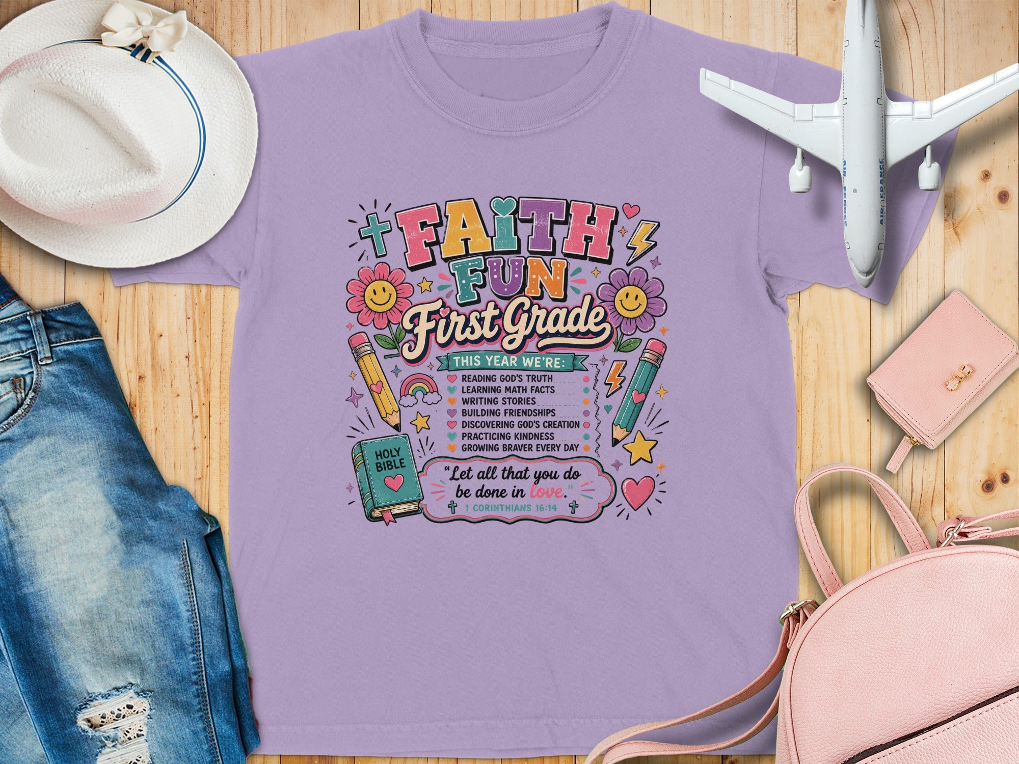 Lavender t-shirt with "Faith Fun First Grade" design and Bible verse.