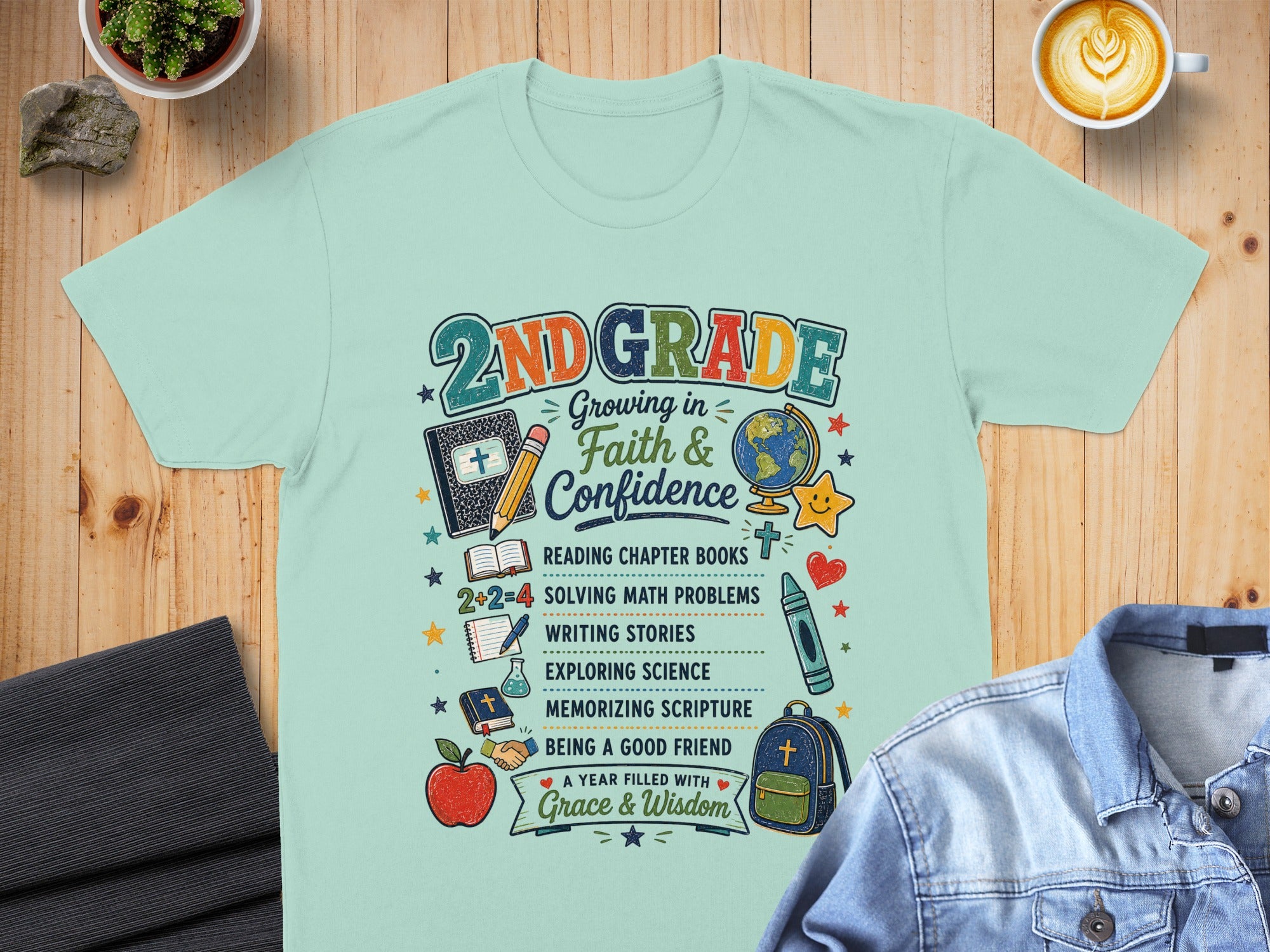 2nd Grade shirt with "Growing in Faith & Confidence" and school subjects listed.