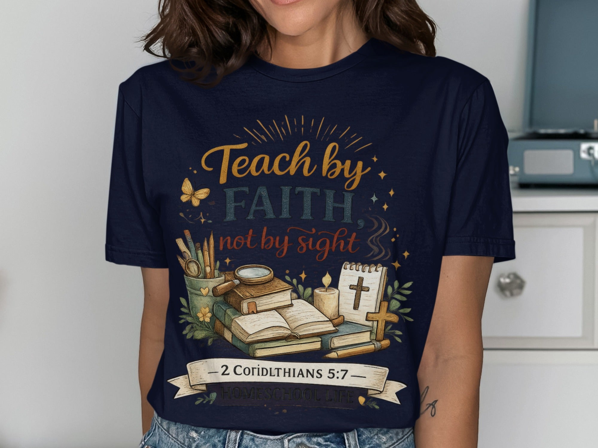 Dark blue t-shirt with "Teach by Faith, not by Sight" and Bible verse.
