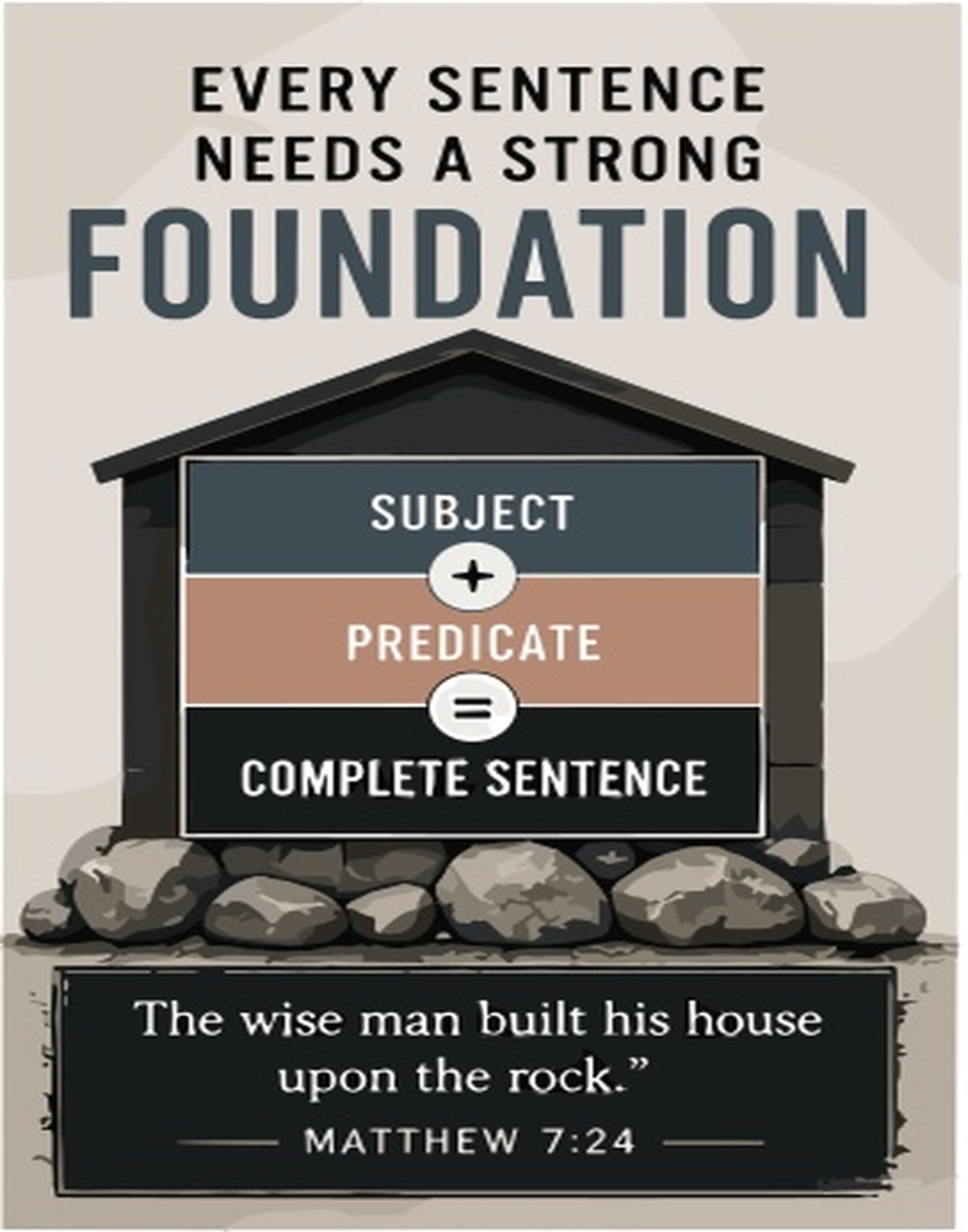 Illustration of sentence structure with Bible verse "The wise man built his house upon the rock."
