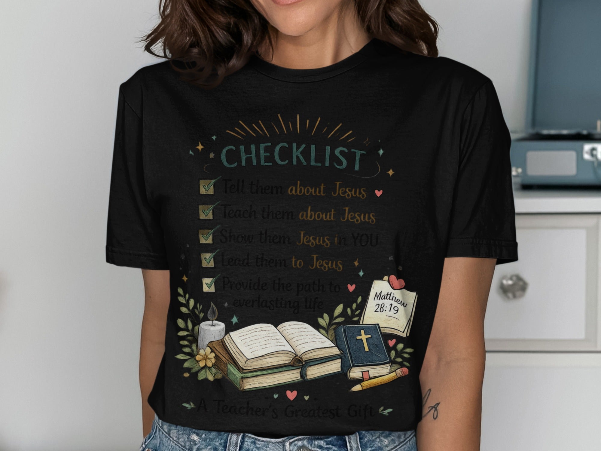 Black t-shirt with "CHECKLIST" and Bible verses about teaching Jesus.
