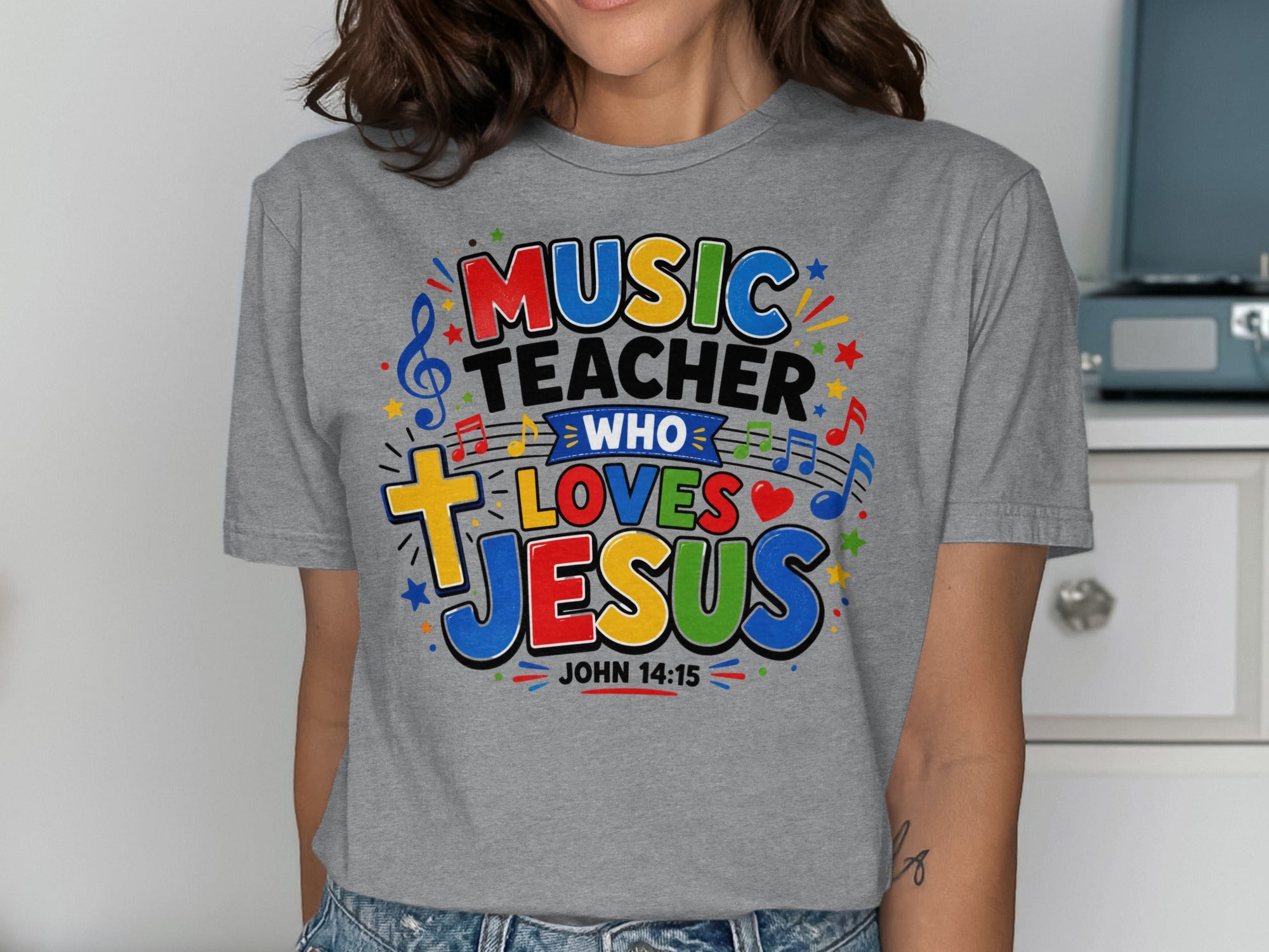 "Music Teacher Who Loves Jesus" t-shirt with John 14:15.