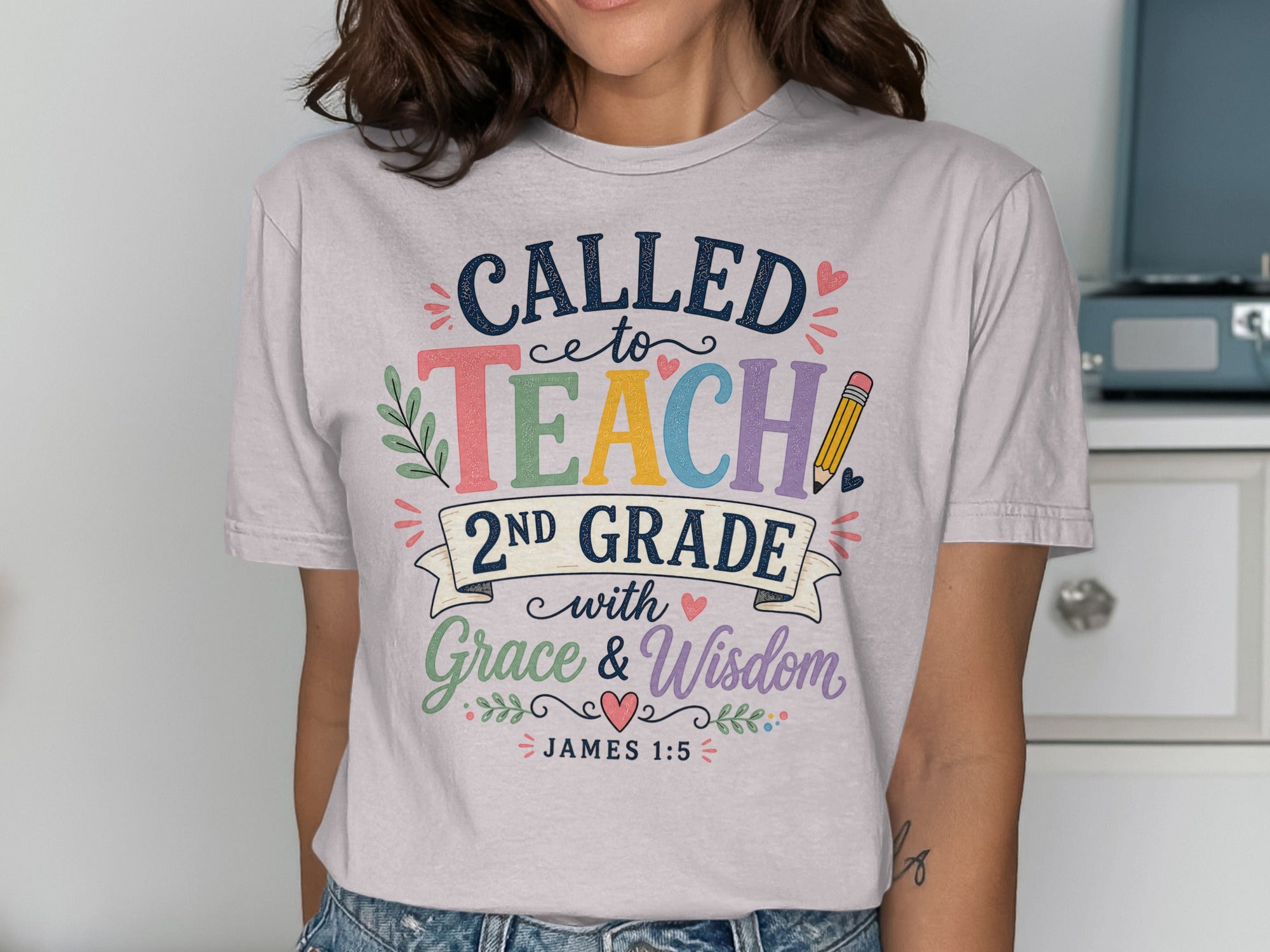 T-shirt with "CALLED to TEACH 2ND GRADE with Grace & Wisdom" and Bible verse James 1:5.