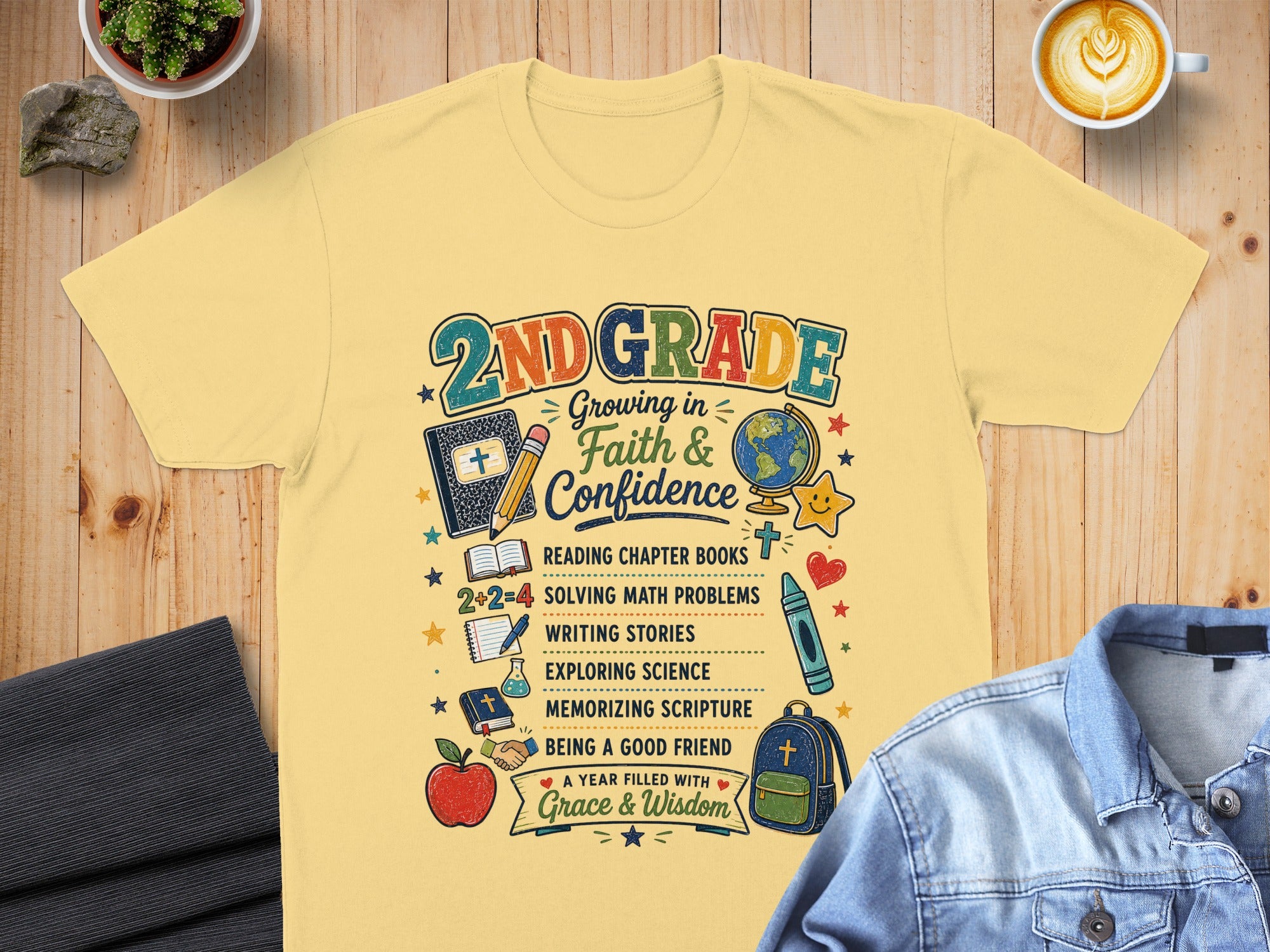 2nd Grade shirt: Growing in Faith & Confidence with school subjects.