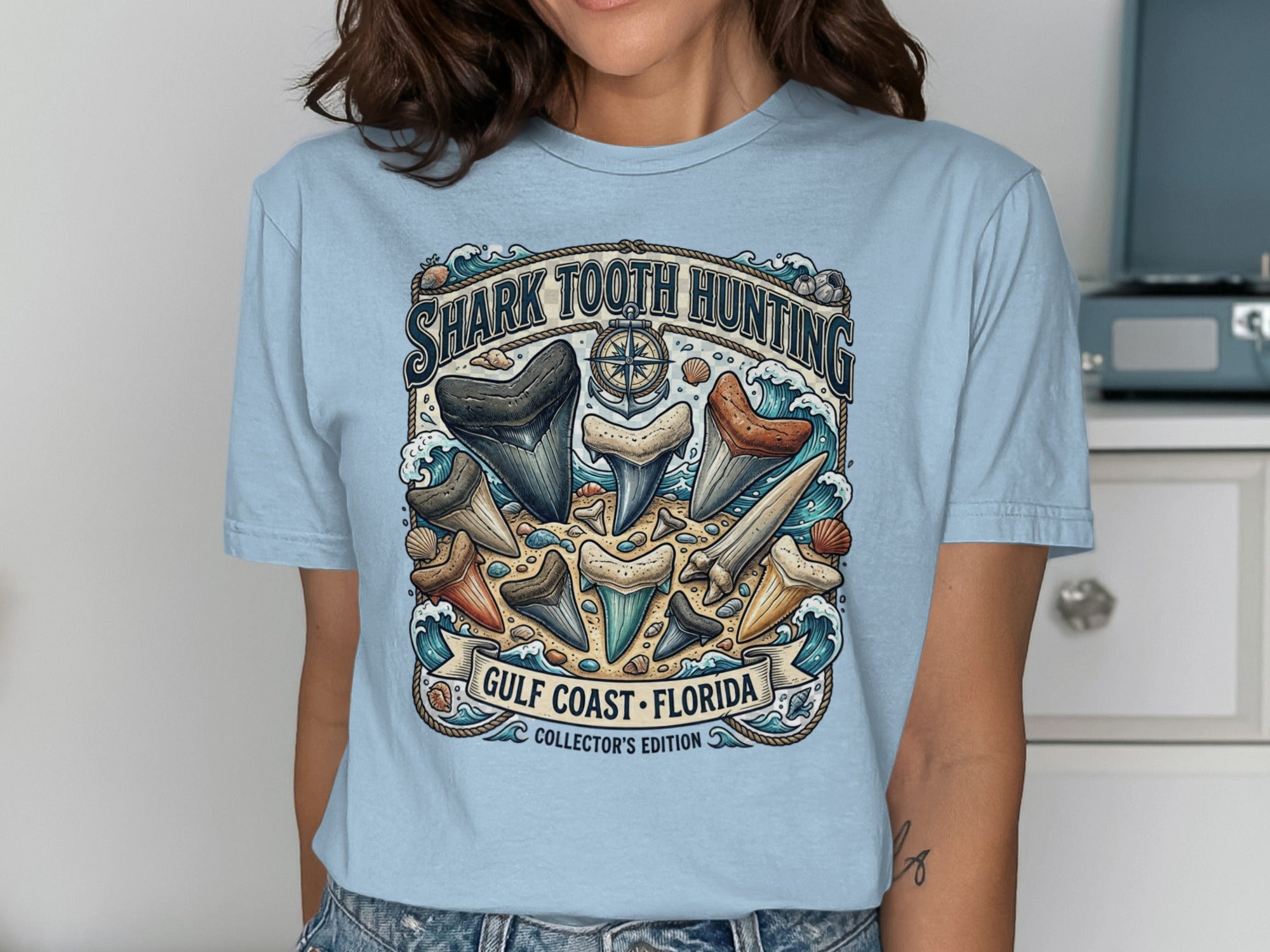 Shark Tooth Hunting graphic with various shark teeth and "Gulf Coast Florida" text.