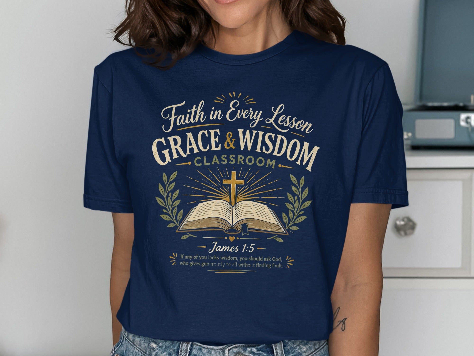 T-shirt with "Faith in Every Lesson Grace & Wisdom Classroom" and Bible verse.