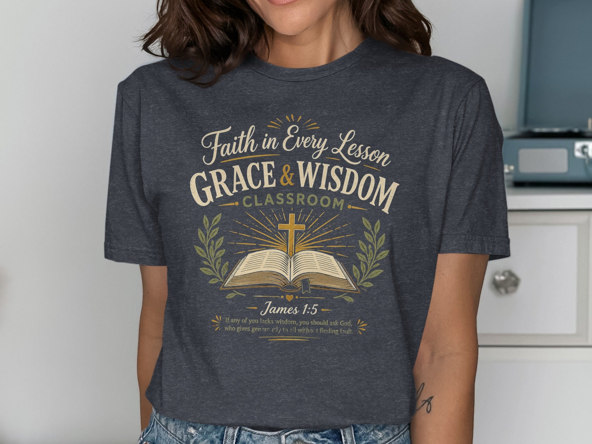Dark t-shirt with "Faith in Every Lesson GRACE & WISDOM CLASSROOM" and Bible verse.