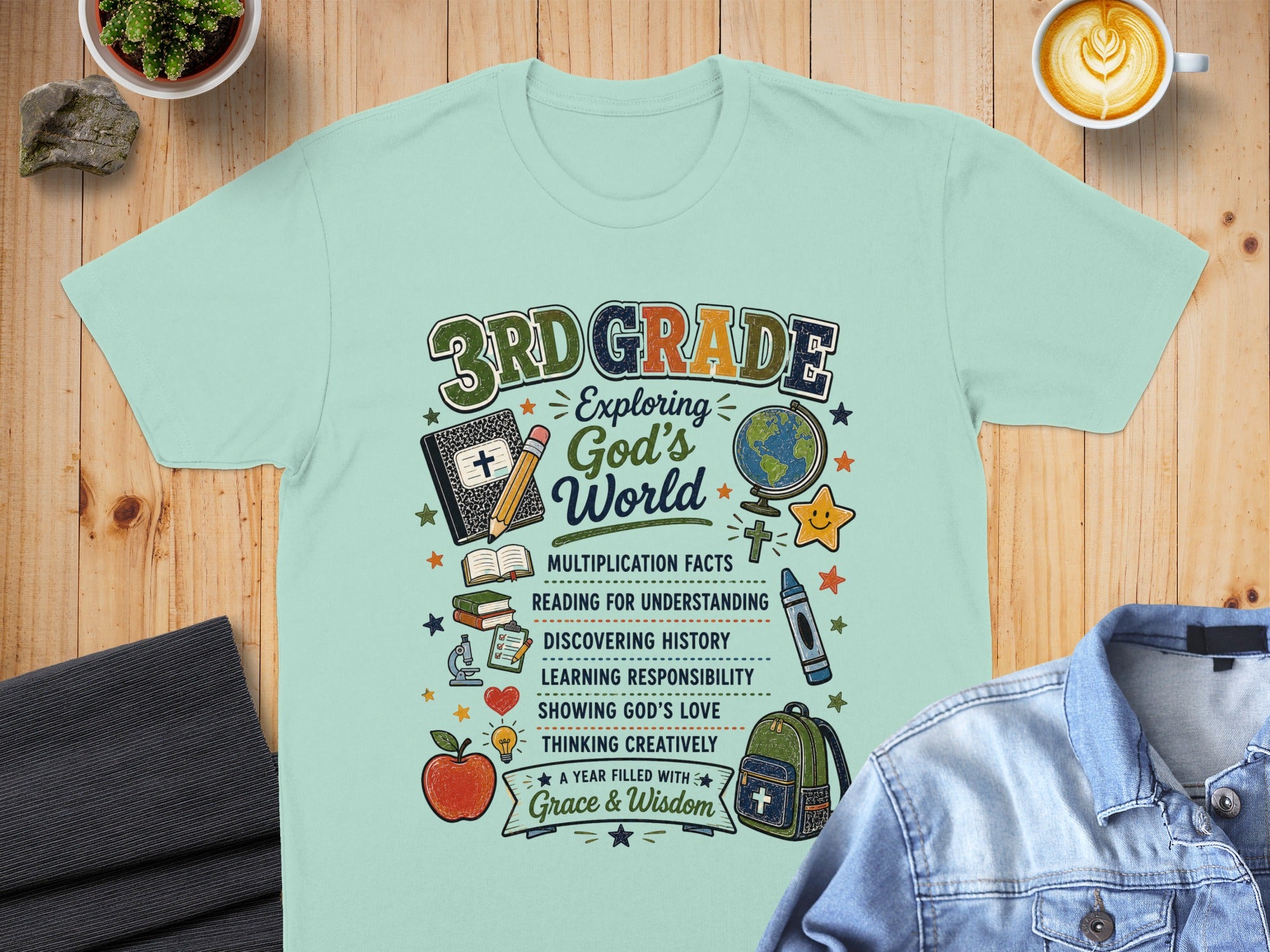 3rd Grade exploring God's World t-shirt with school-themed illustrations and text.