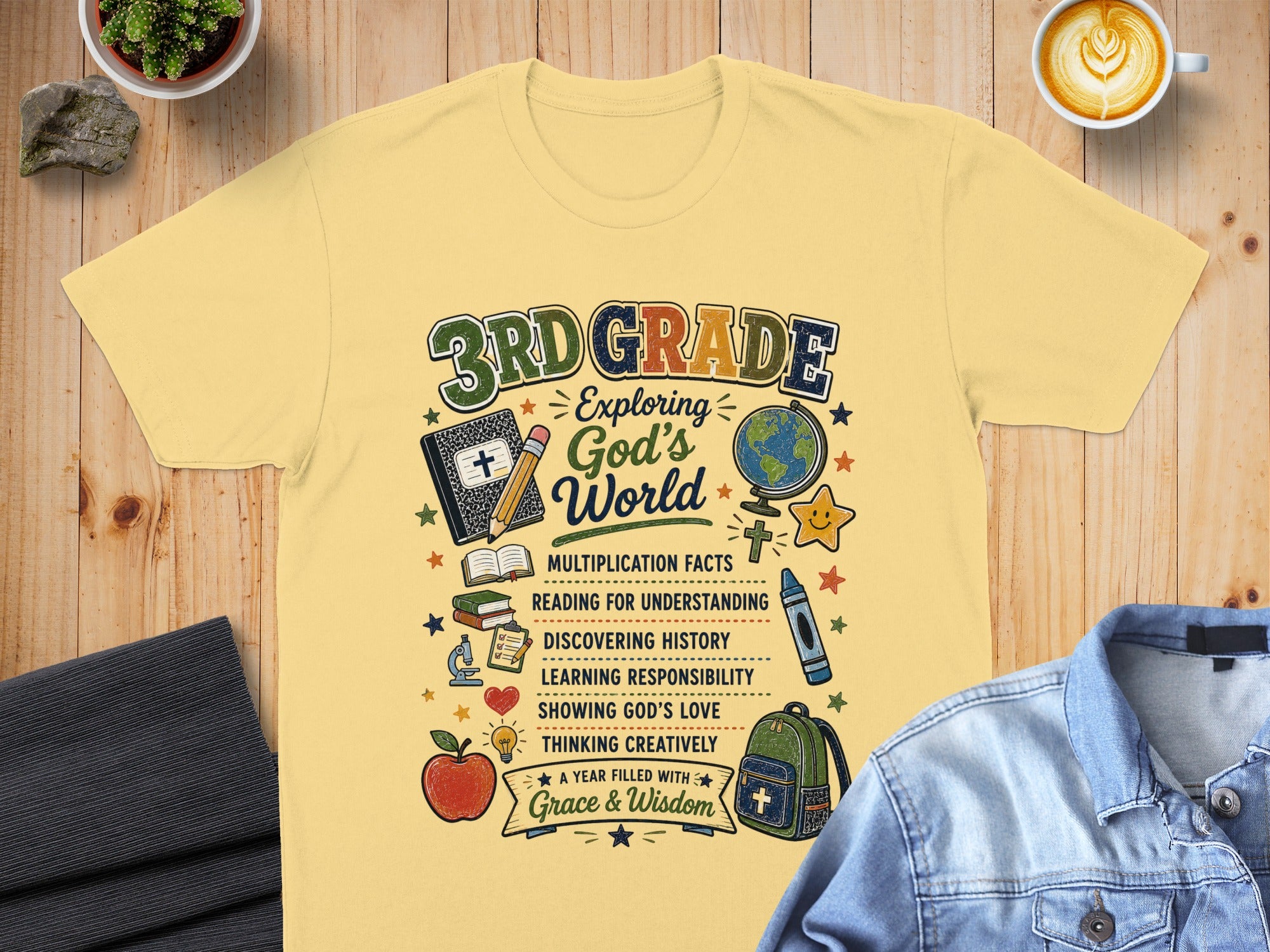 3rd Grade shirt with "Exploring God's World" and learning themes.