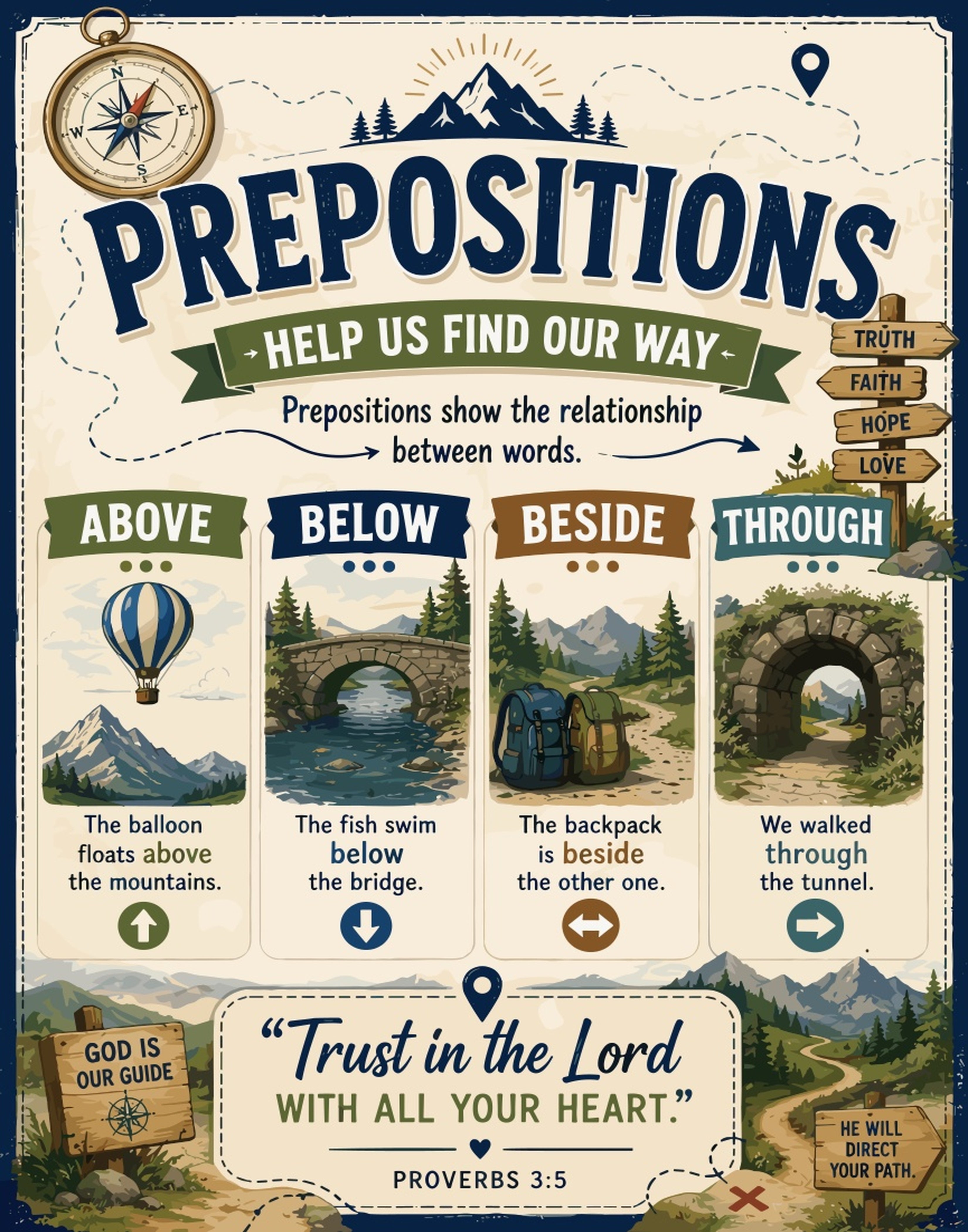 Prepositions poster with examples of above, below, beside, and through.