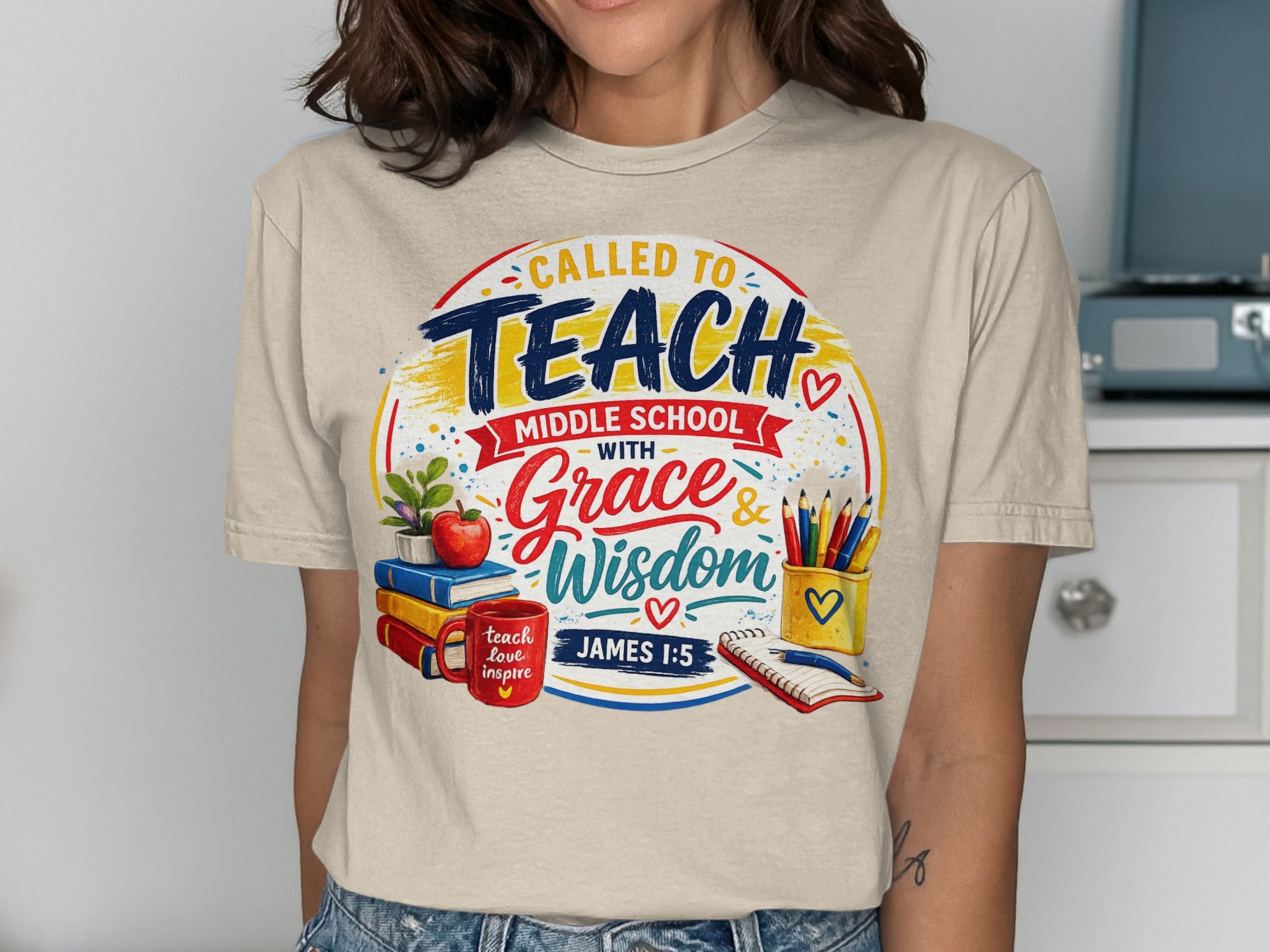 T-shirt with "Called to Teach Middle School with Grace and Wisdom" and Bible verse James 1:5.