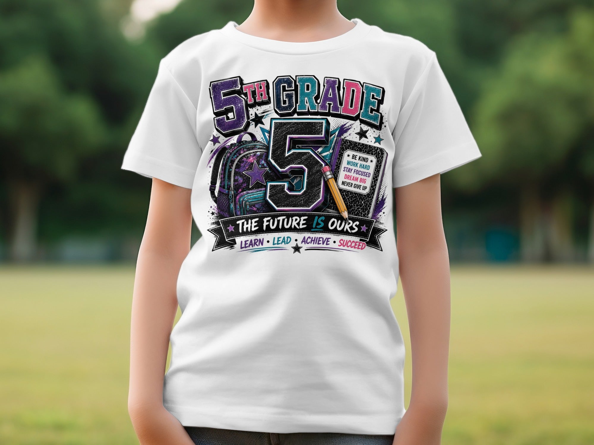 5th Grade shirt with backpack, pencil, and motivational text.