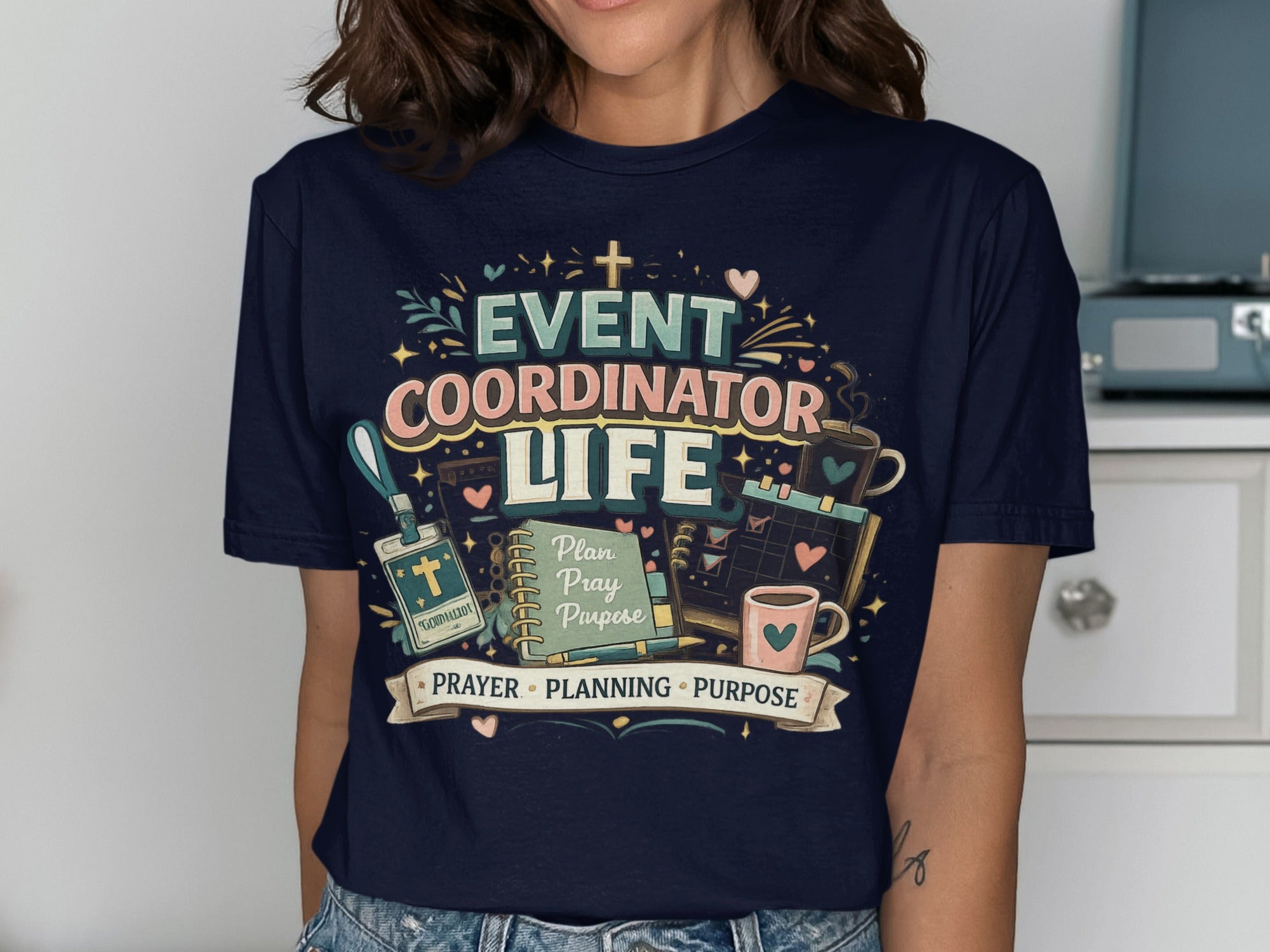 Event Coordinator Life text with planner, coffee, and badge.