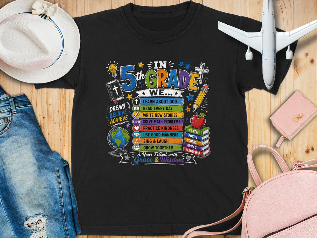 T-shirt with "5th Grade" and school-themed icons and text.