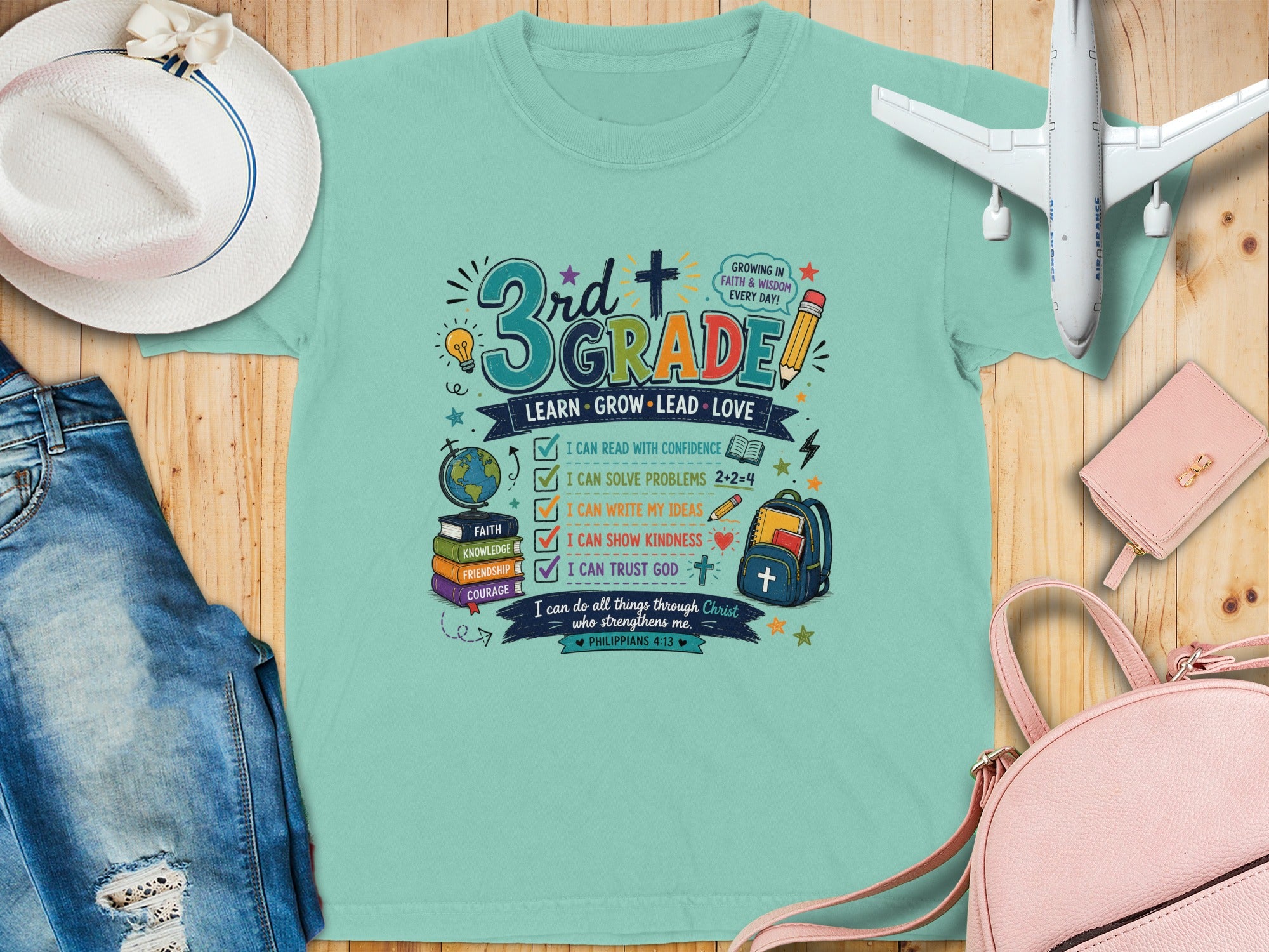 3rd Grade t-shirt with educational and faith-based themes.
