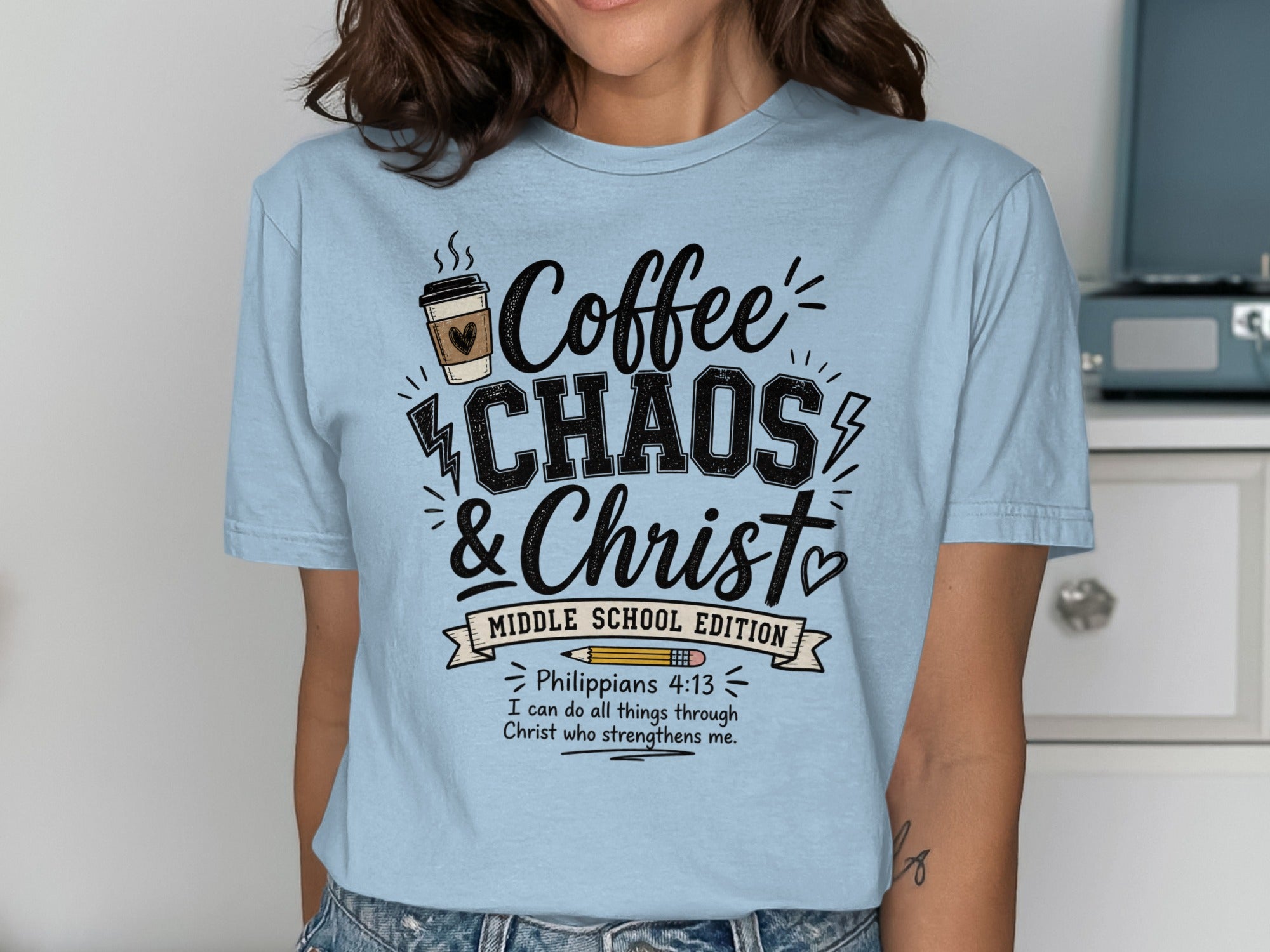 Light blue t-shirt with "Coffee CHAOS & Christ" and Philippians 4:13 verse.