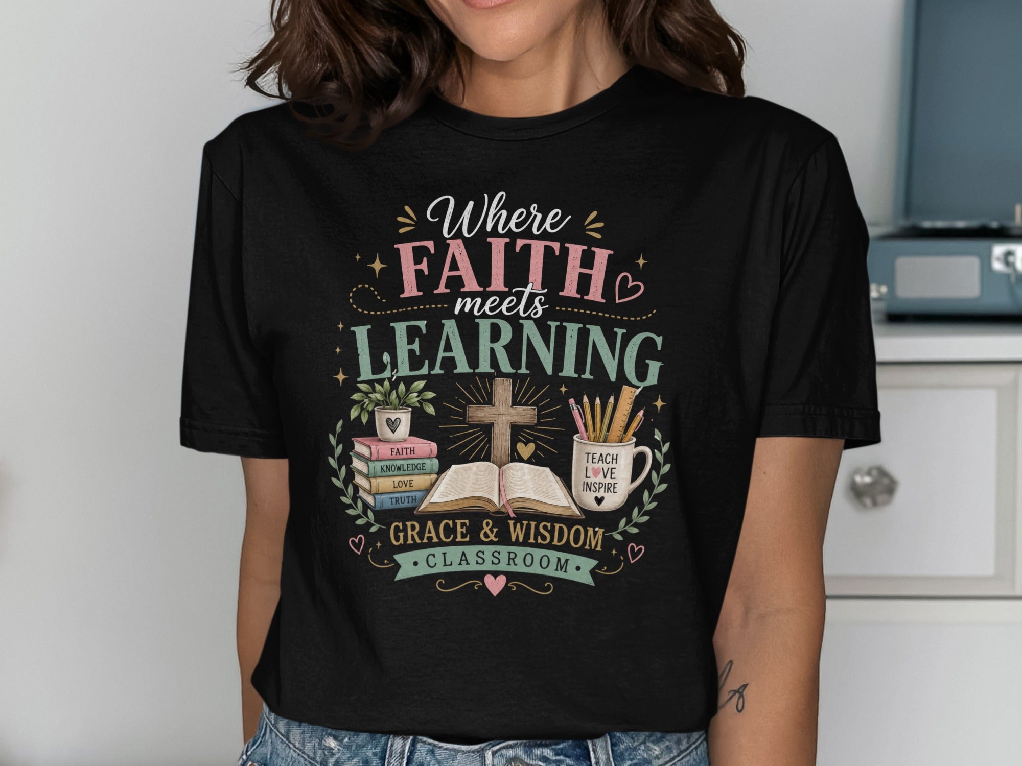 T-shirt with "Where FAITH meets LEARNING" and "GRACE & WISDOM CLASSROOM" text.