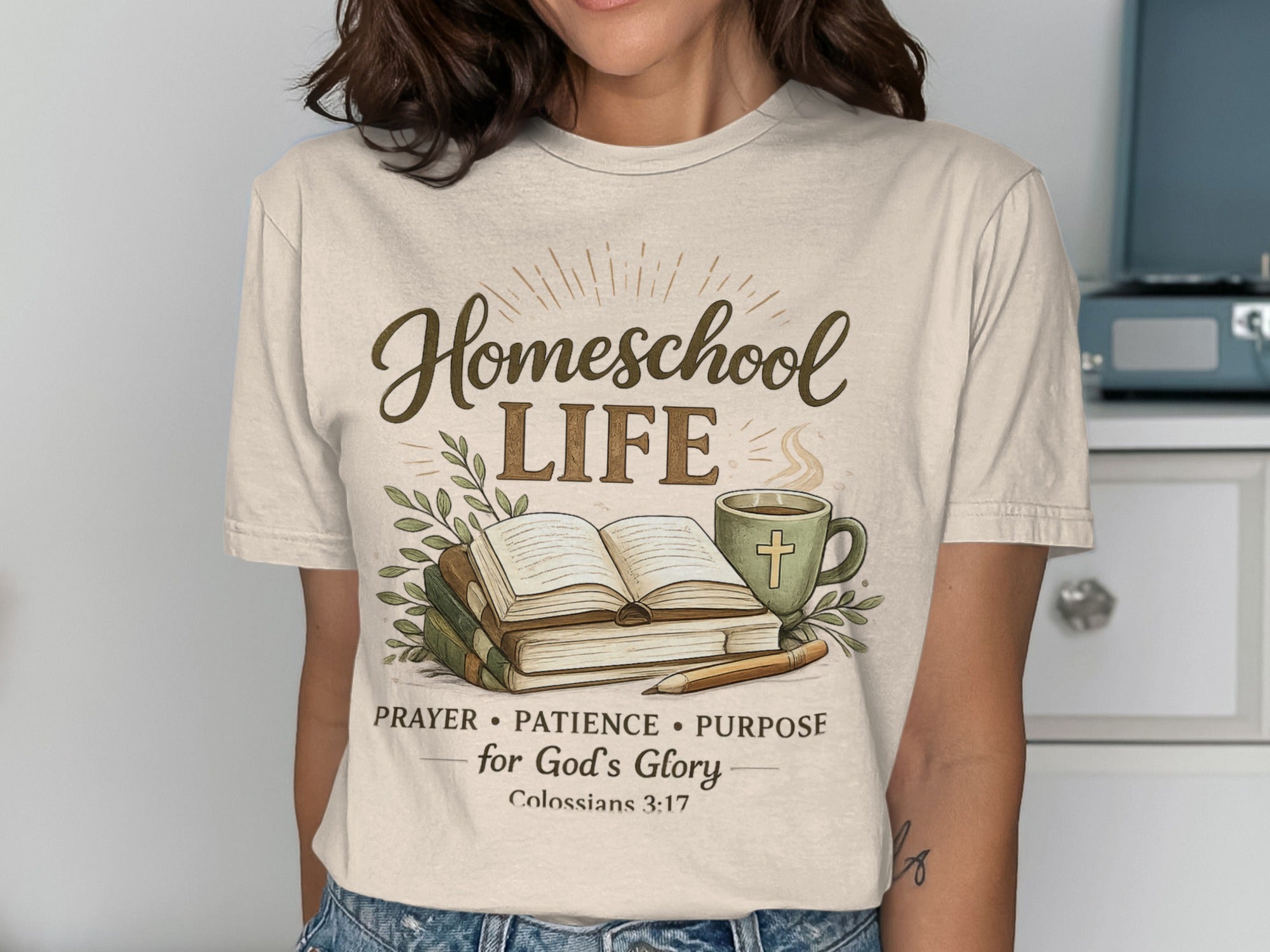 Homeschool Life with open book, coffee cup, pen, and Bible verse.