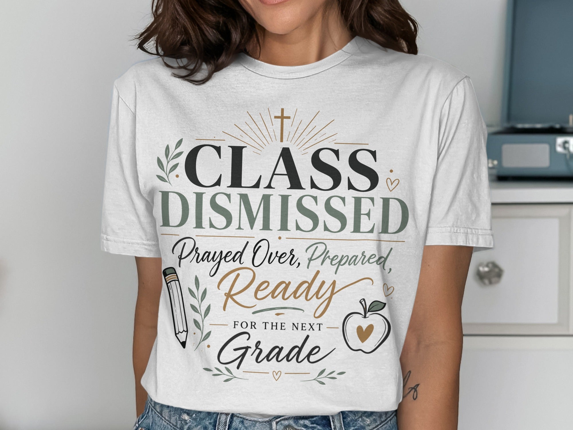 White t-shirt with "CLASS DISMISSED" and school-themed graphics.