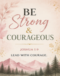 Be Strong & Courageous Joshua 1:9 text with mountains and trees.