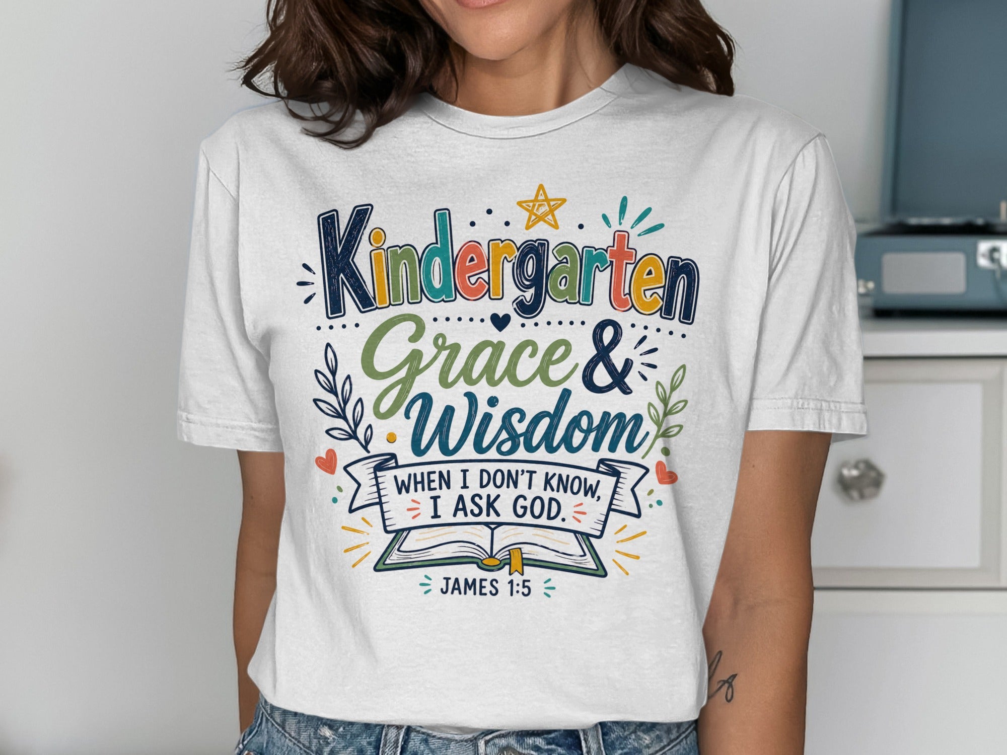 T-shirt with "Kindergarten Grace & Wisdom" and "James 1:5" text.