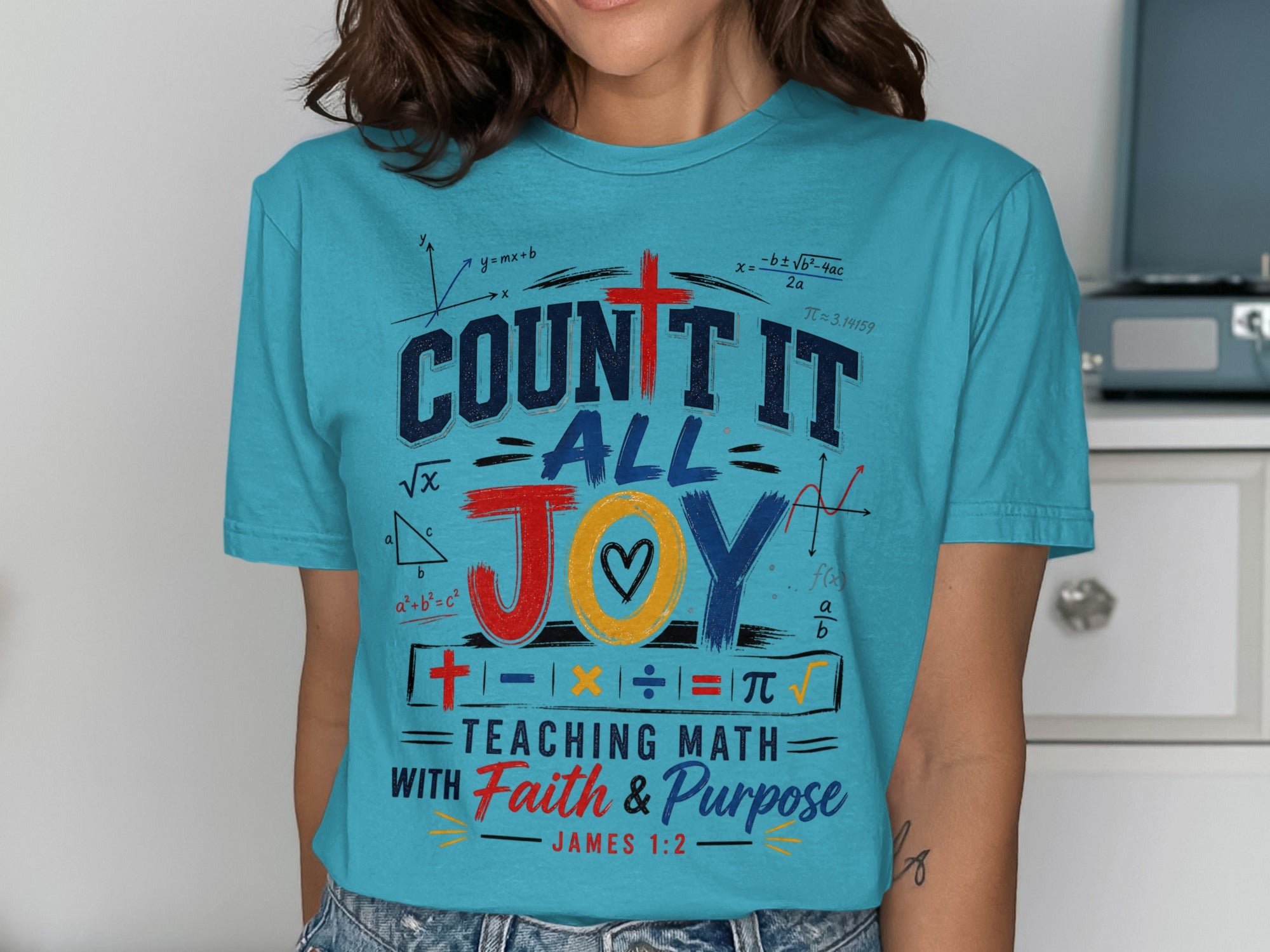 "Count It All Joy" t-shirt with math equations and religious text.