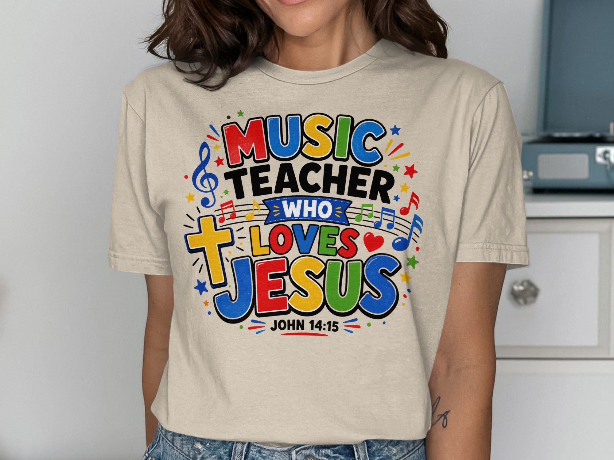 T-shirt with "Music Teacher Who Loves Jesus John 14:15" graphic.