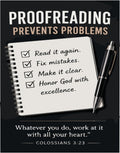 Notebook with proofreading tips and a pen, mentions Colossians 3:23.