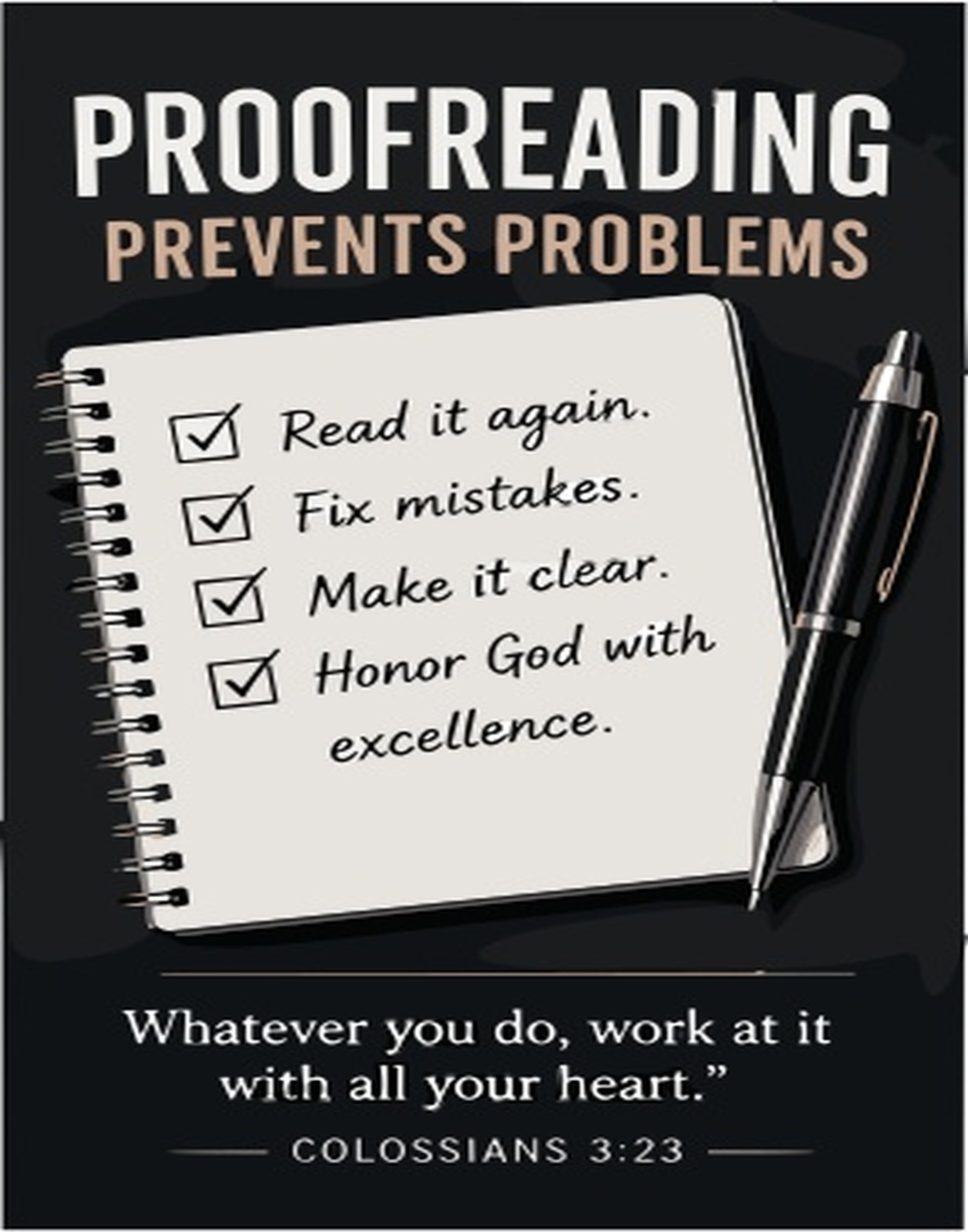 Notebook with proofreading tips and a pen, mentions Colossians 3:23.