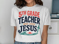 5th Grade Teacher Who Loves Jesus graphic t-shirt with cross and waves.