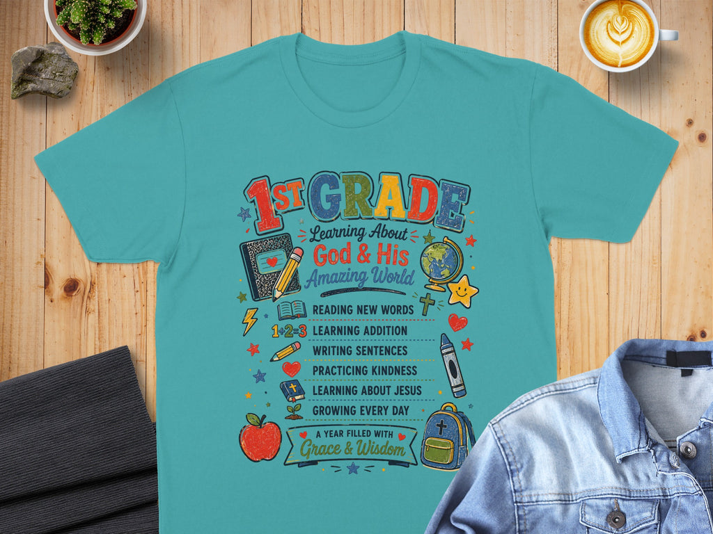 Teal t-shirt with "1st Grade Learning About God & His Amazing World" and school subjects.
