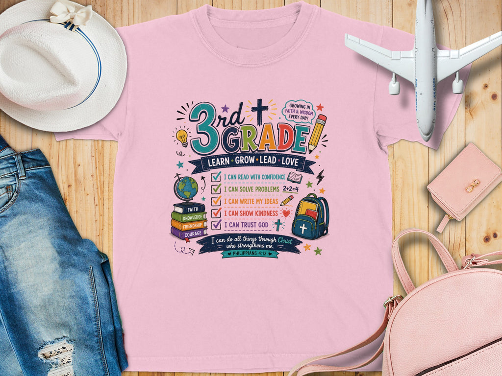 Pink t-shirt with "3rd GRADE" graphic and inspirational Bible verse.