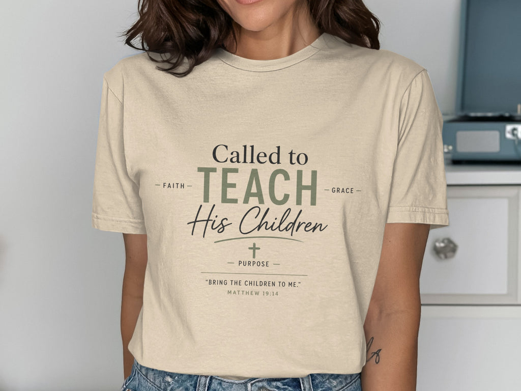 T-shirt with text "Called to TEACH His Children" and Matthew 19:14 verse.