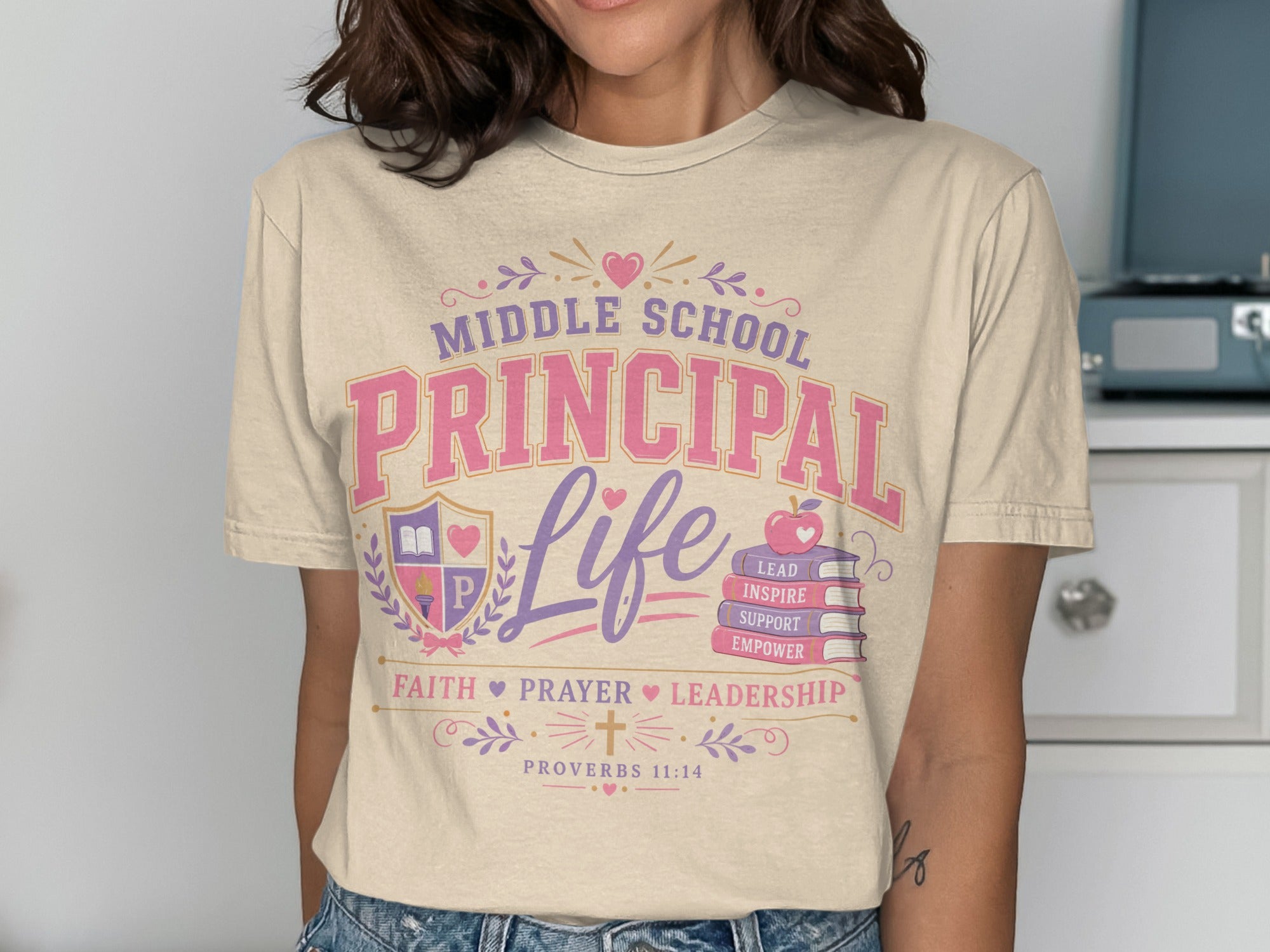 T-shirt for a middle school principal with "Life" and leadership virtues.