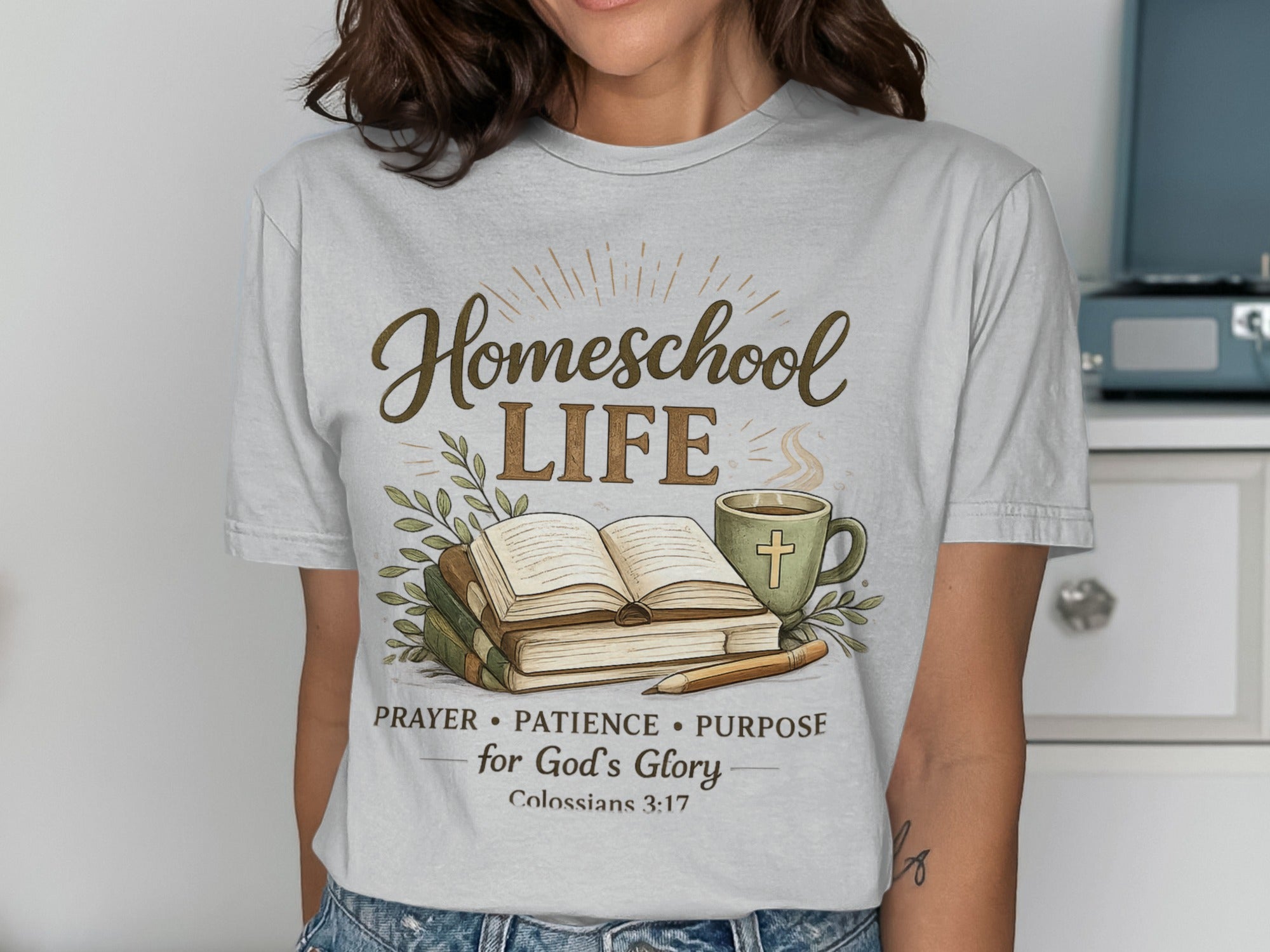 Homeschool Life text with open books, pen, and coffee mug.