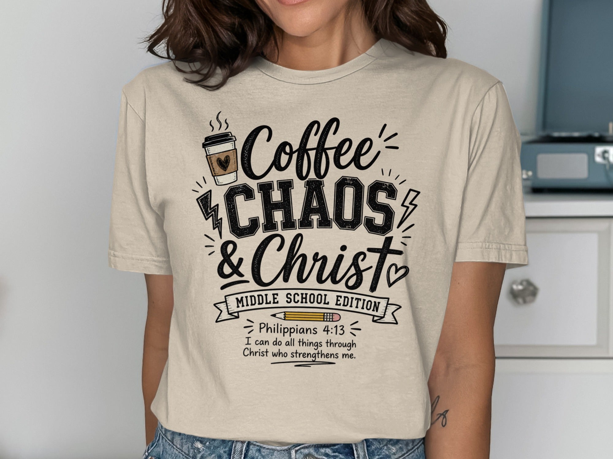 T-shirt with "Coffee Chaos & Christ" and Philippians 4:13 scripture.