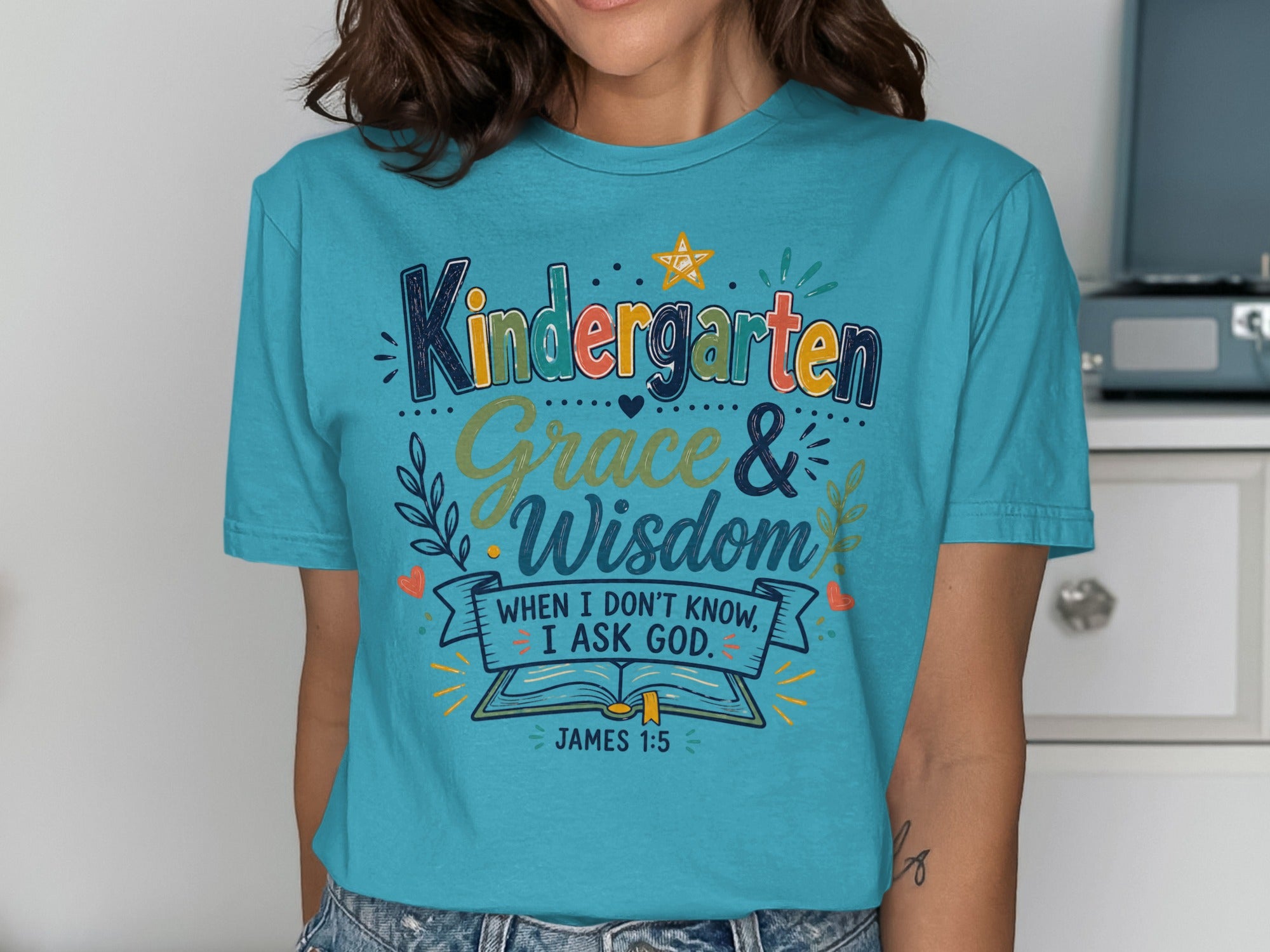 Kindergarten Grace & Wisdom t-shirt with James 1:5 verse.