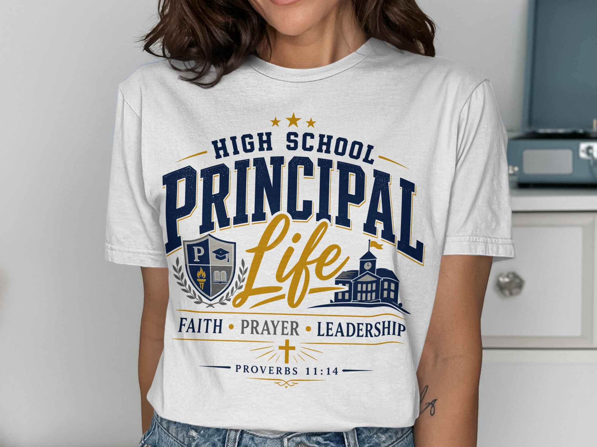 High School Principal Life graphic tee with school building and shield.