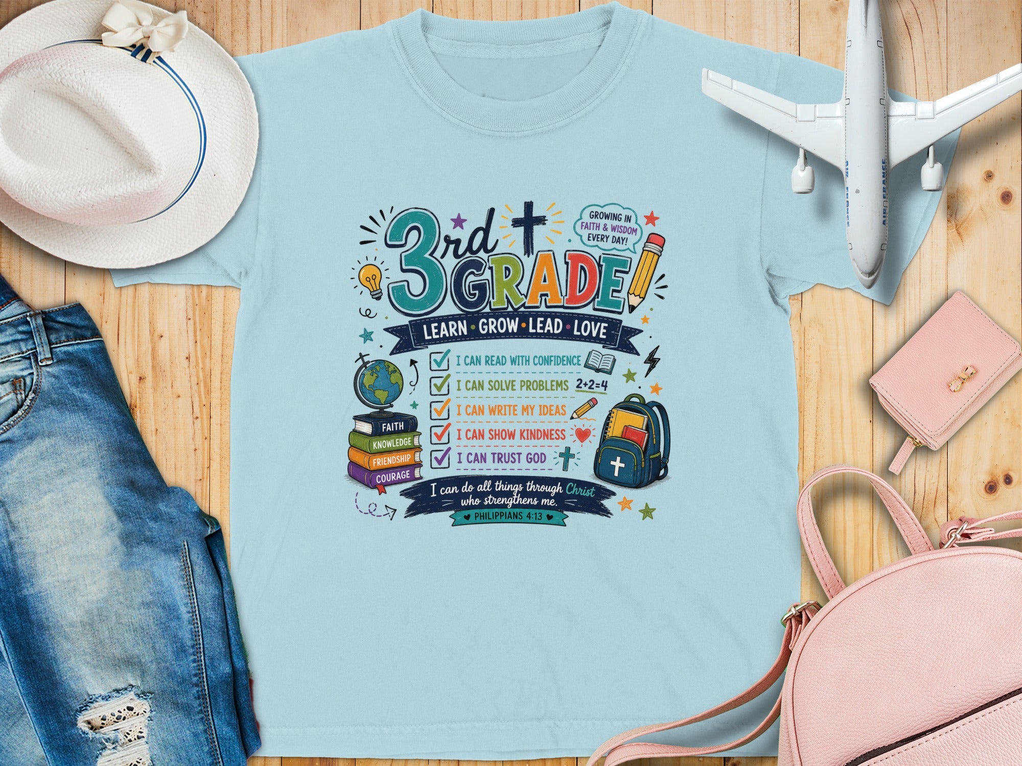 Light blue t-shirt with "3rd GRADE" and motivational phrases.